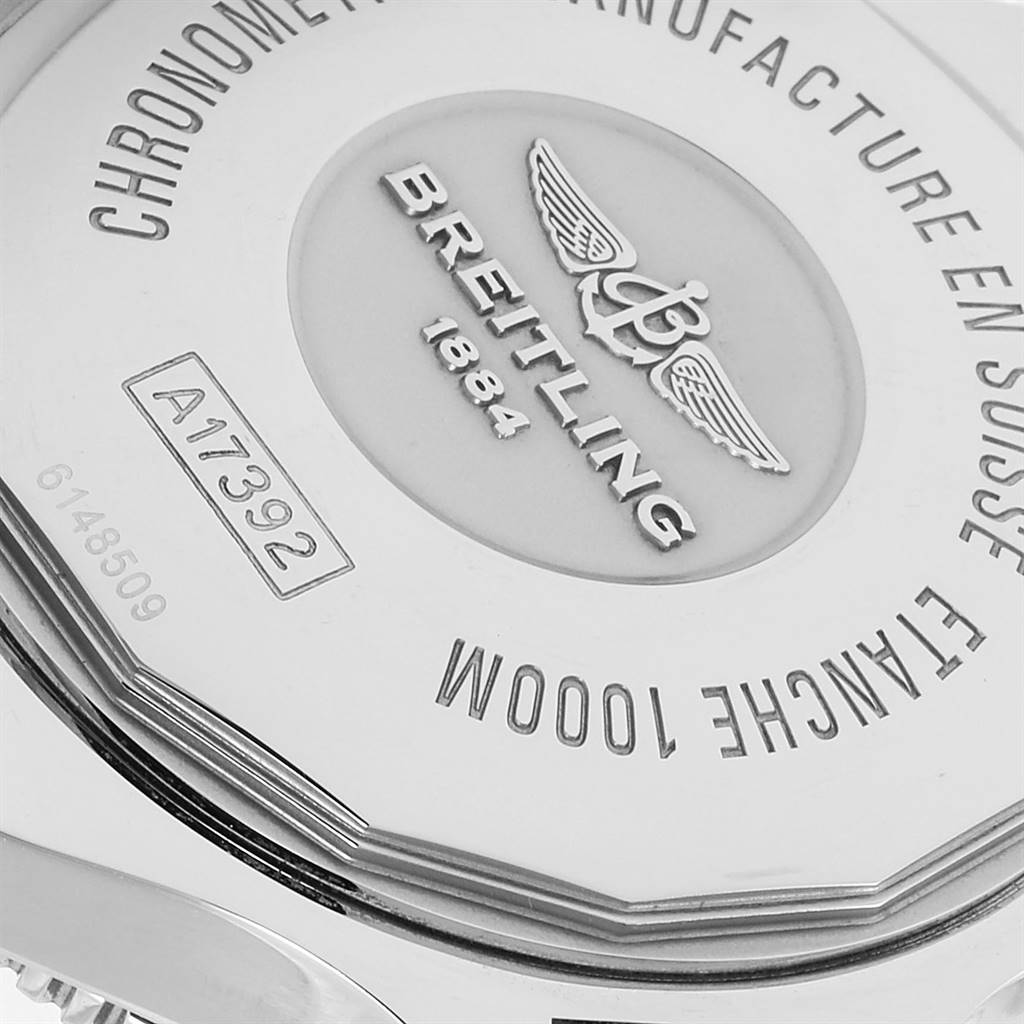 The image shows the back view of the Breitling Superocean A17392D8/C910 Men's Stainless Steel Black Dial A17392D8/C910 Men's Stainless Steel Black Dial watch, featuring the case back with inscriptions and the Breitling logo.