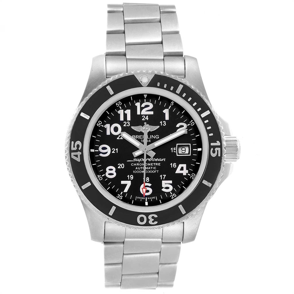 The image shows a front view of a Breitling Superocean A17392D8/C910 Men's Stainless Steel Black Dial A17392D8/C910 Men's Stainless Steel Black Dial watch featuring a black dial, numeric markers, and a stainless steel bracelet.