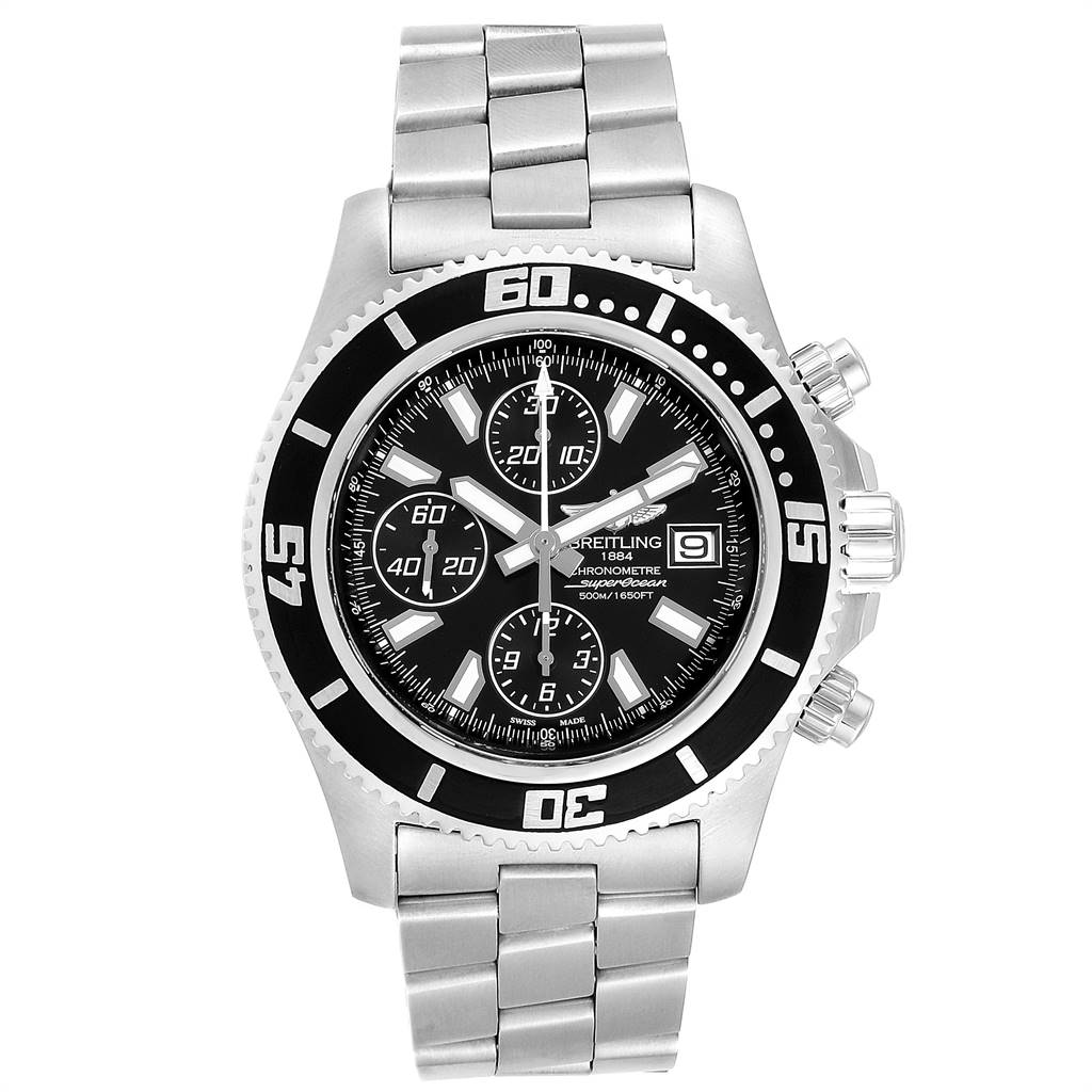 The image shows a front view of a Breitling Superocean A13341 Men's Stainless Steel Black Dial A13341 Men's Stainless Steel Black Dial watch with a metal bracelet and a black bezel.