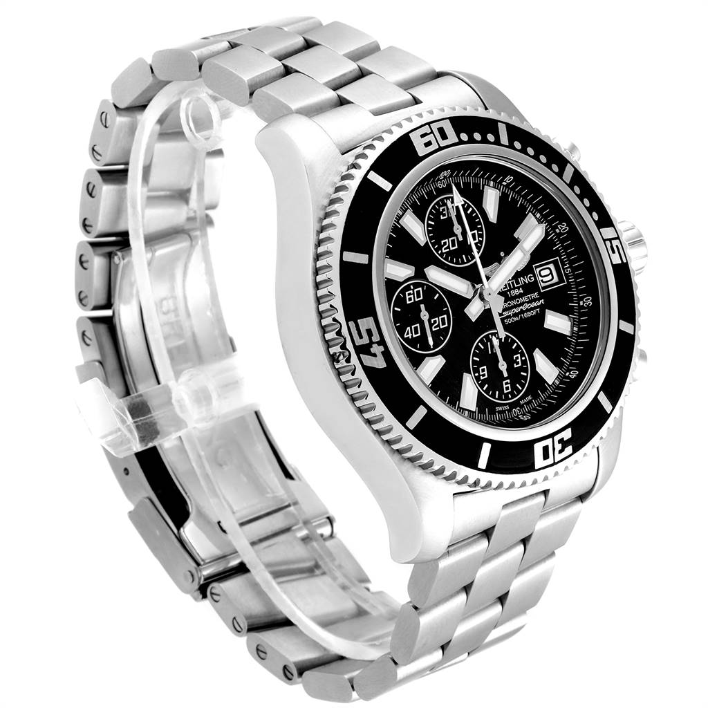 The image shows a side angle of a Breitling Superocean A13341 Men's Stainless Steel Black Dial A13341 Men's Stainless Steel Black Dial watch, highlighting its stainless steel bracelet and black bezel.