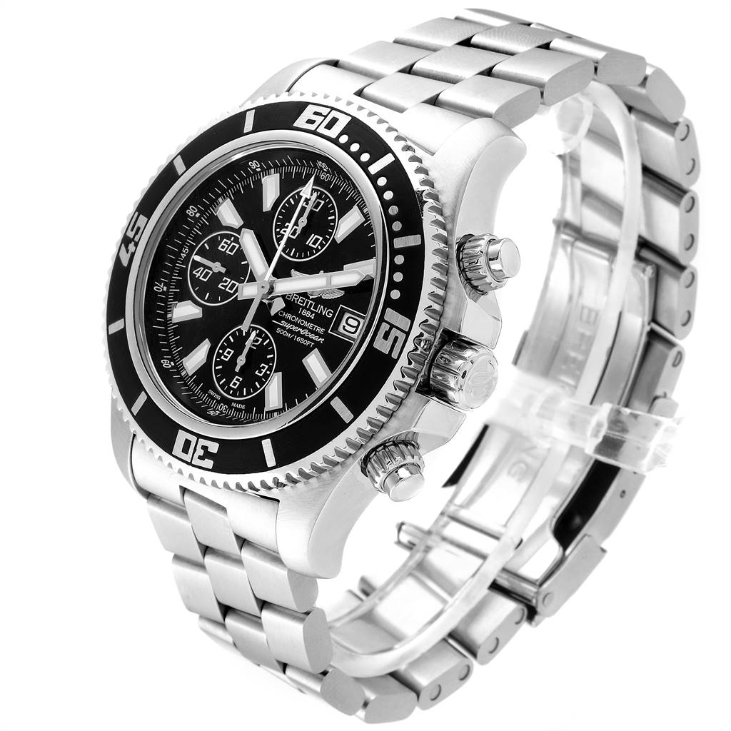 The Breitling Superocean A13341 Men's Stainless Steel Black Dial A13341 Men's Stainless Steel Black Dial watch is shown at an angle highlighting the face, bezel, crown, pushers, and metal band.