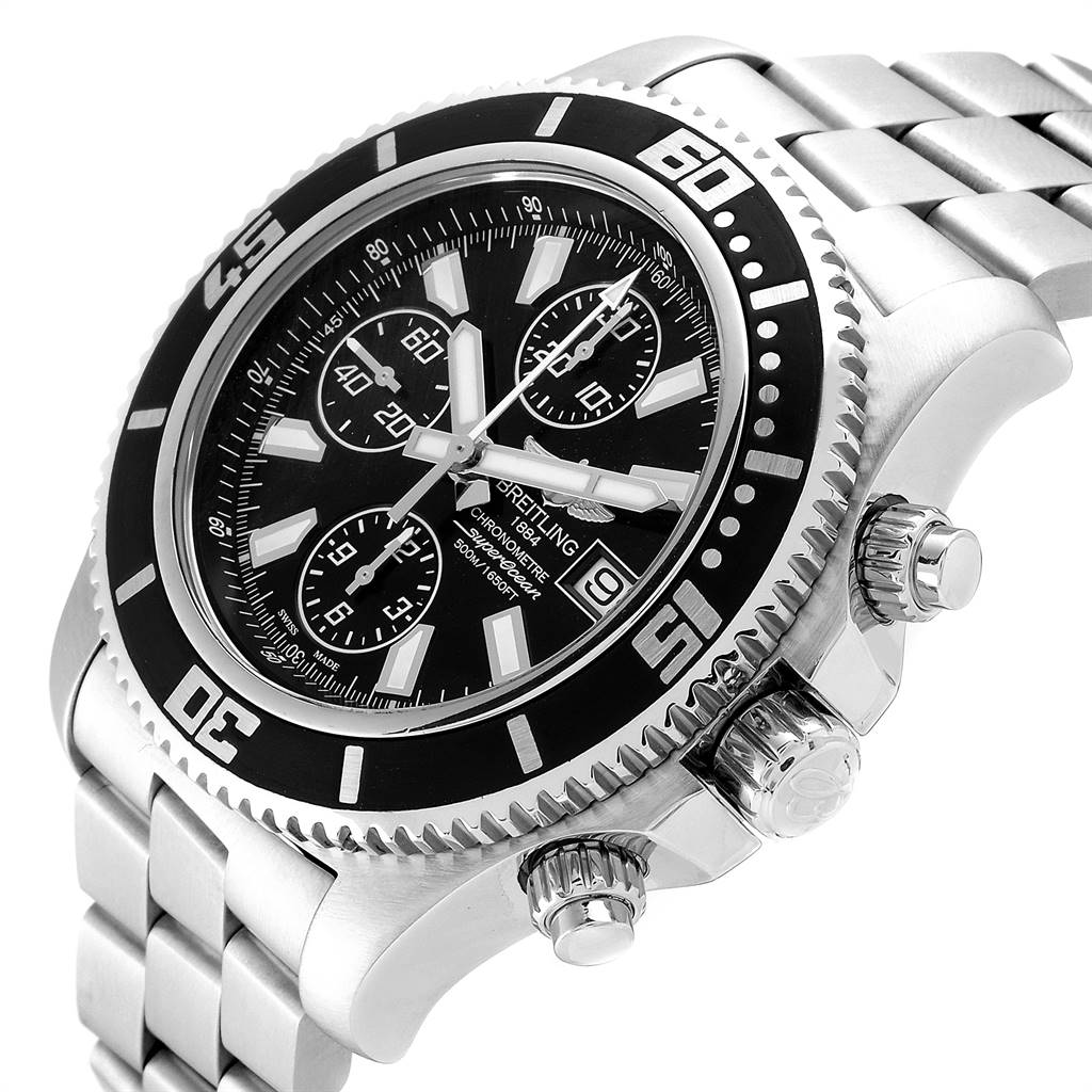 The image displays a Breitling Superocean A13341 Men's Stainless Steel Black Dial A13341 Men's Stainless Steel Black Dial watch at a slightly angled close-up, showing the face, bezel, and metal bracelet in detail.