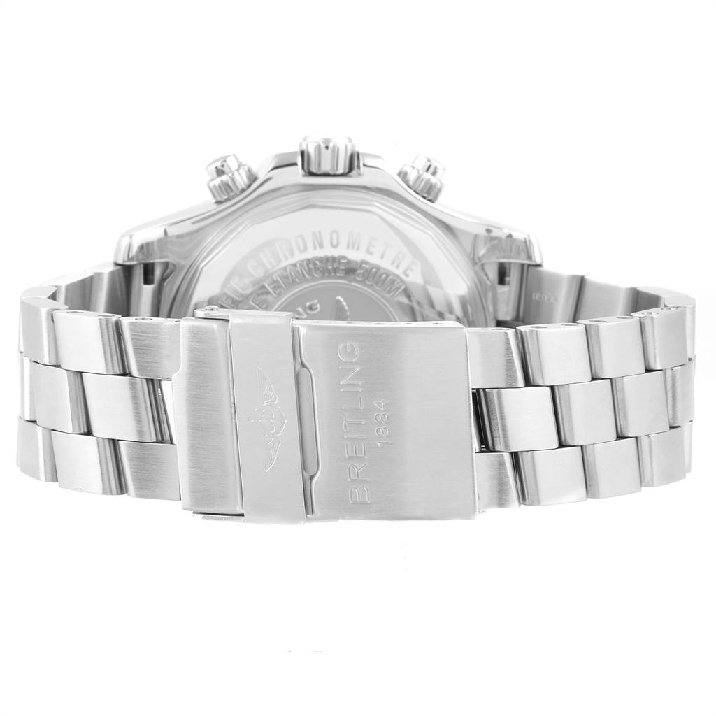 This image shows the back of the Breitling Superocean A13341 Men's Stainless Steel Black Dial A13341 Men's Stainless Steel Black Dial watch and its stainless steel bracelet clasp.