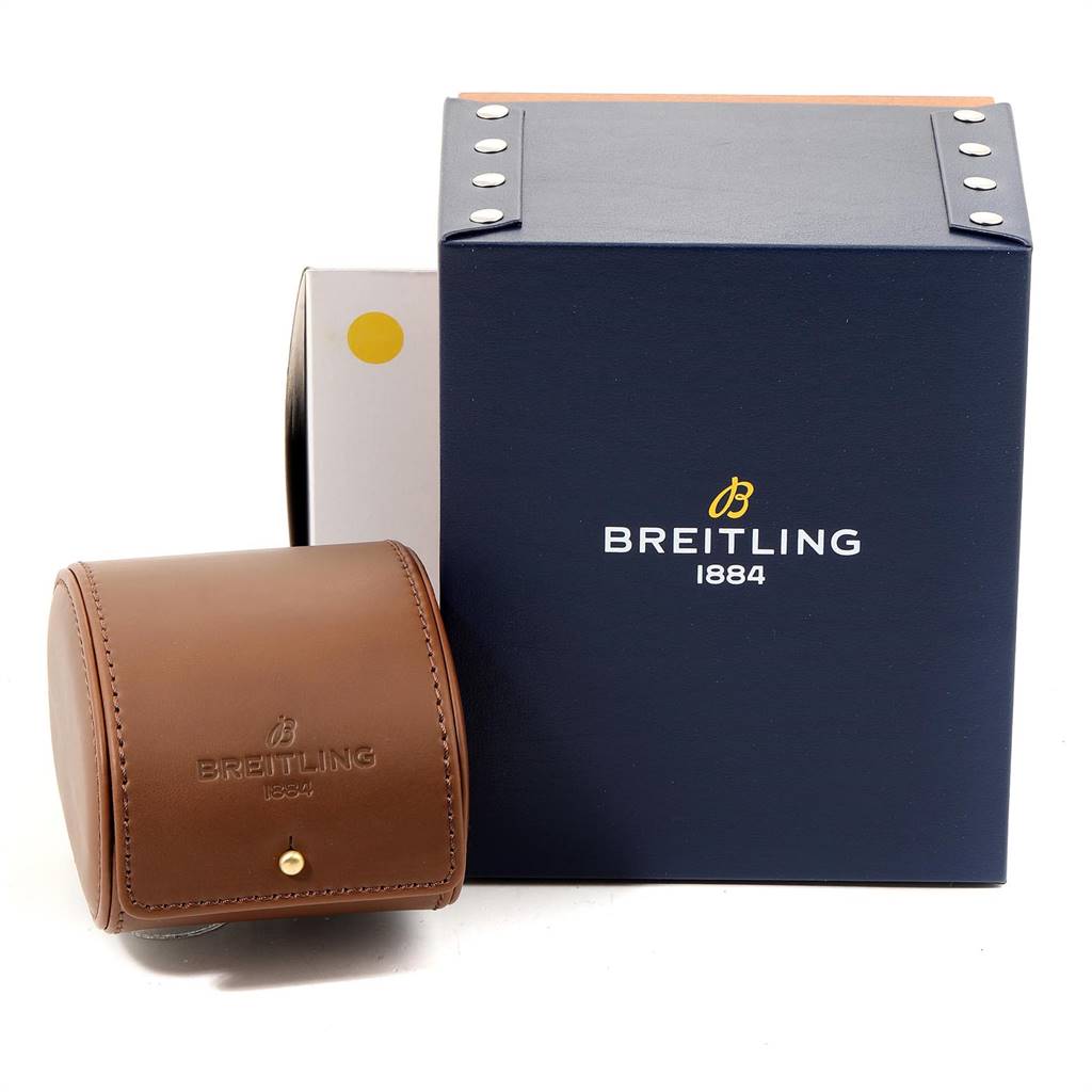 The image shows a Breitling Superocean A13341 Men's Stainless Steel Black Dial A13341 Men's Stainless Steel Black Dial watch box and a brown leather travel case, both branded with the Breitling logo.