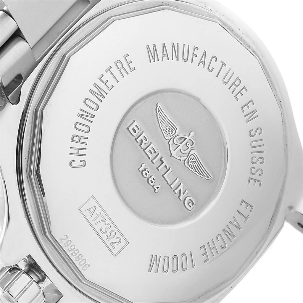 The image shows the case back of a Breitling Superocean A17392D8/C910 Men's Stainless Steel Black Dial A17392D8/C910 Men's Stainless Steel Black Dial watch, highlighting the brand's logo and model details.