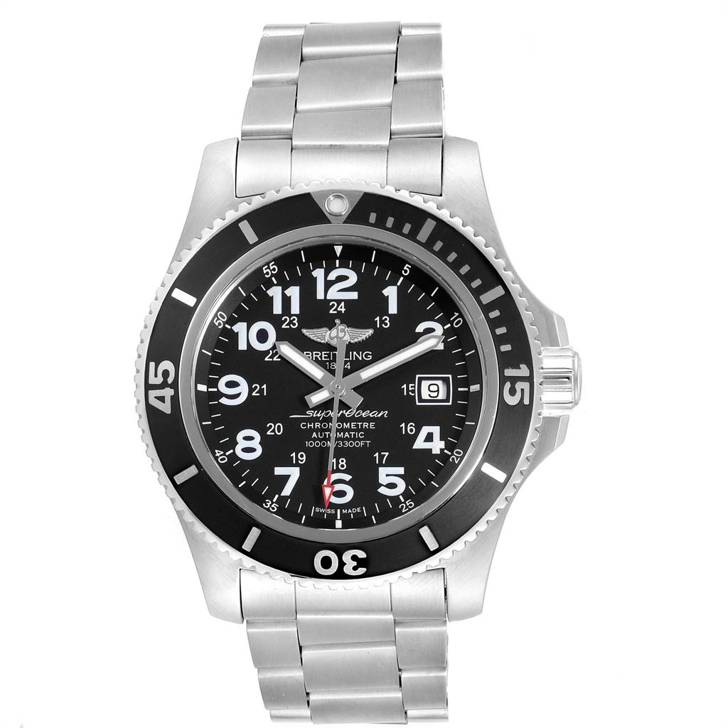 The image shows a frontal view of the Breitling Superocean A17392D8/C910 Men's Stainless Steel Black Dial A17392D8/C910 Men's Stainless Steel Black Dial watch with its stainless steel band and black dial.