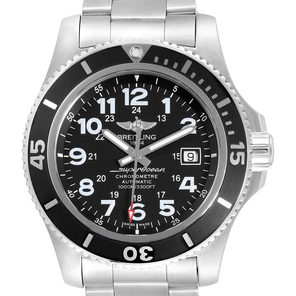 This image shows a front view of the Breitling Superocean A17392D8/C910 Men's Stainless Steel Black Dial A17392D8/C910 Men's Stainless Steel Black Dial watch, including the dial, bezel, and metal bracelet.