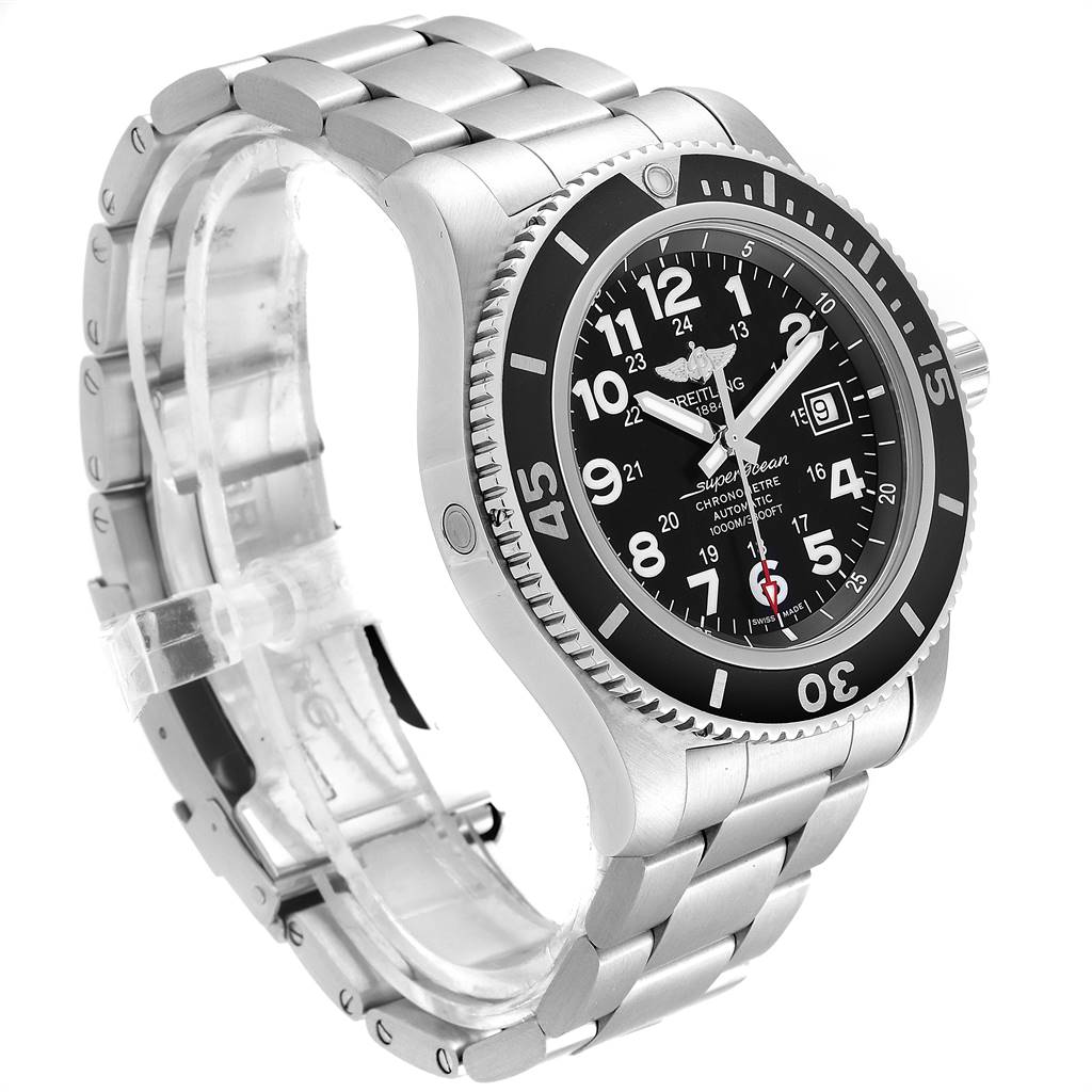 This image shows a side-angle view of a Breitling Superocean A17392D8/C910 Men's Stainless Steel Black Dial A17392D8/C910 Men's Stainless Steel Black Dial watch, highlighting its bracelet, bezel, and dial.