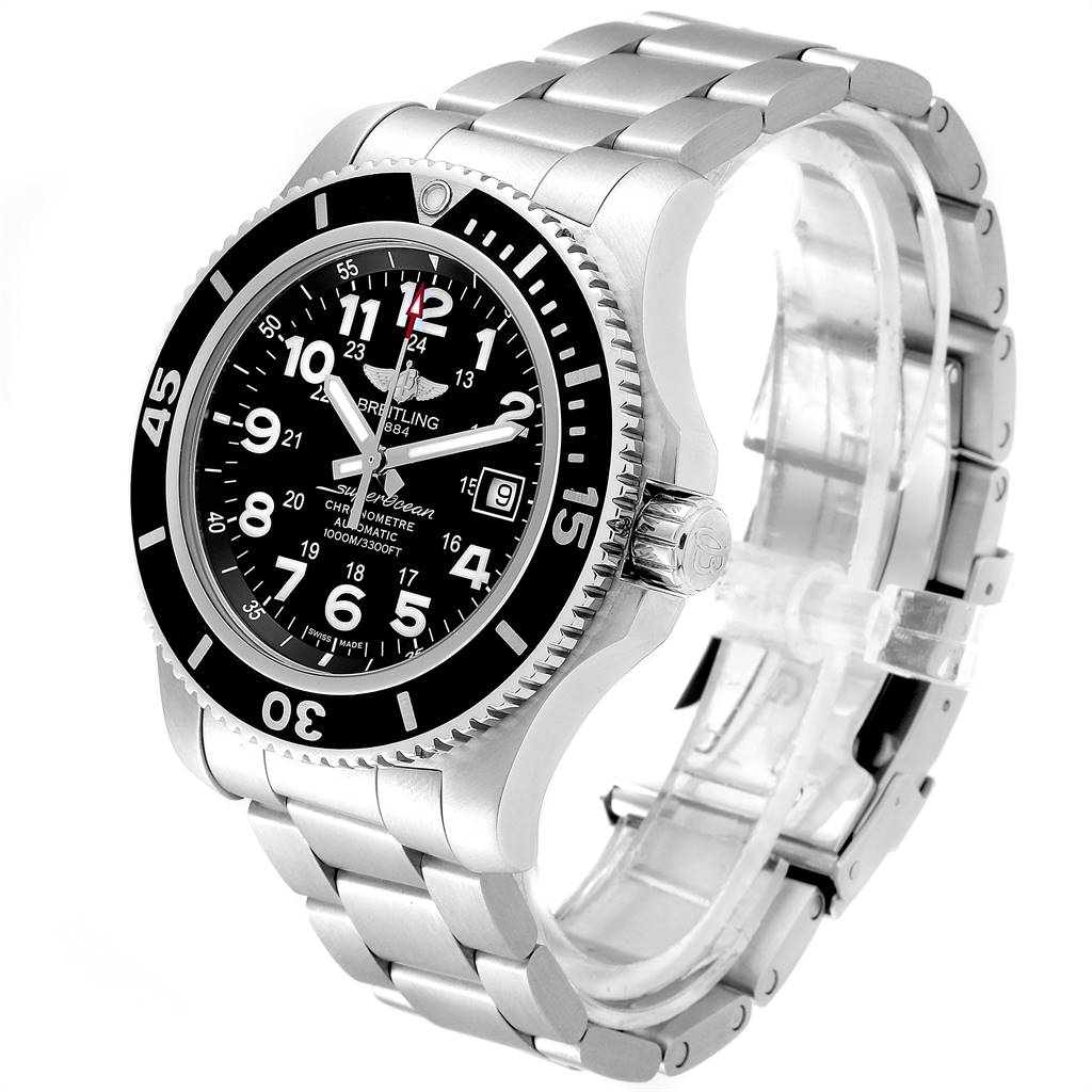 The Breitling Superocean A17392D8/C910 Men's Stainless Steel Black Dial A17392D8/C910 Men's Stainless Steel Black Dial model watch is shown at a three-quarter angle, displaying the dial, bezel, and bracelet.