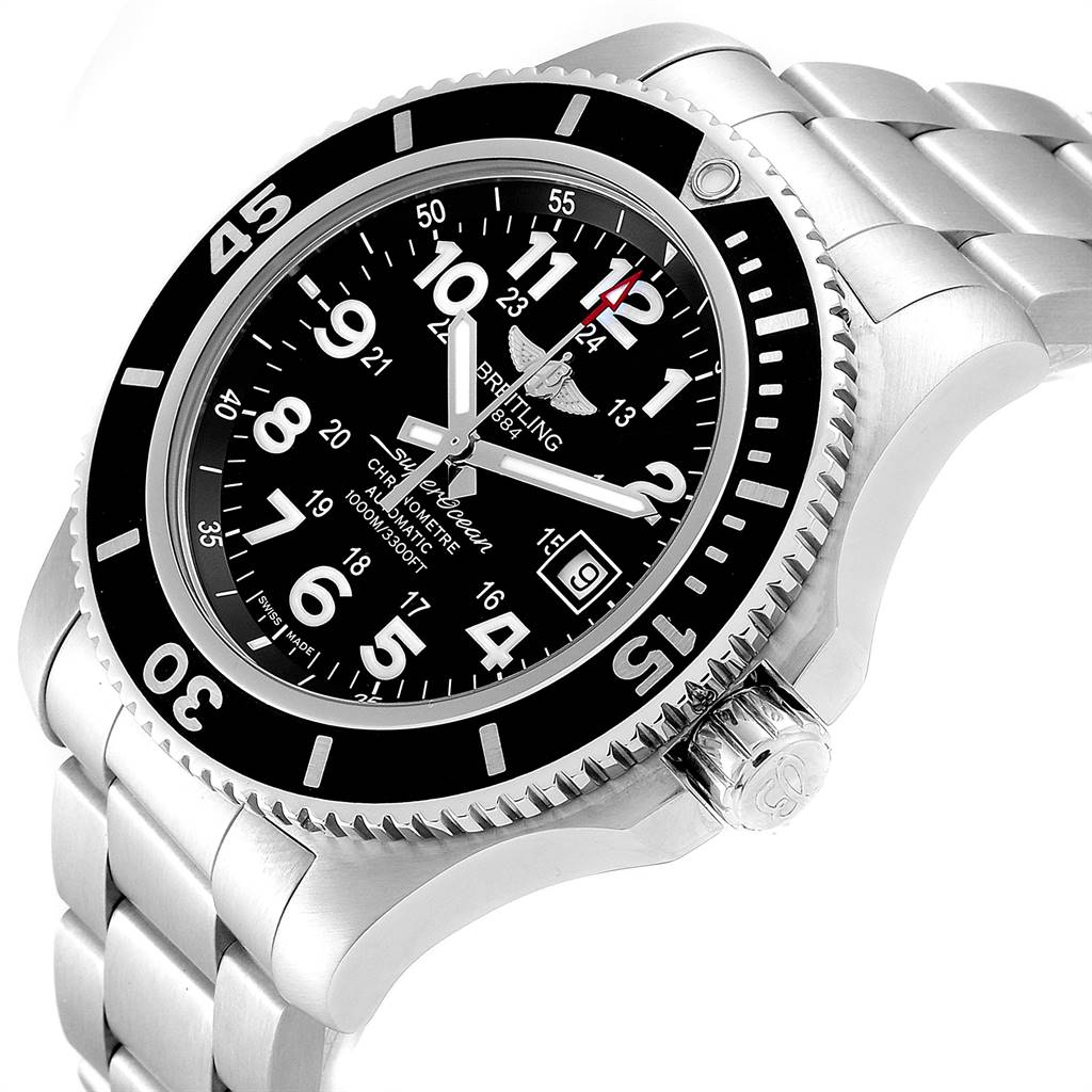This is a Breitling Superocean A17392D8/C910 Men's Stainless Steel Black Dial A17392D8/C910 Men's Stainless Steel Black Dial watch shown at a slight side angle, highlighting its face, bezel, crown, and bracelet.