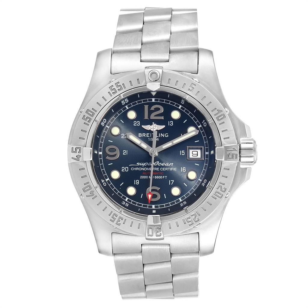 This image shows a front view of the Breitling Superocean A17390 Men's Blue Dial A17390 Men's Blue Dial watch, featuring its dial, bezel, and bracelet.