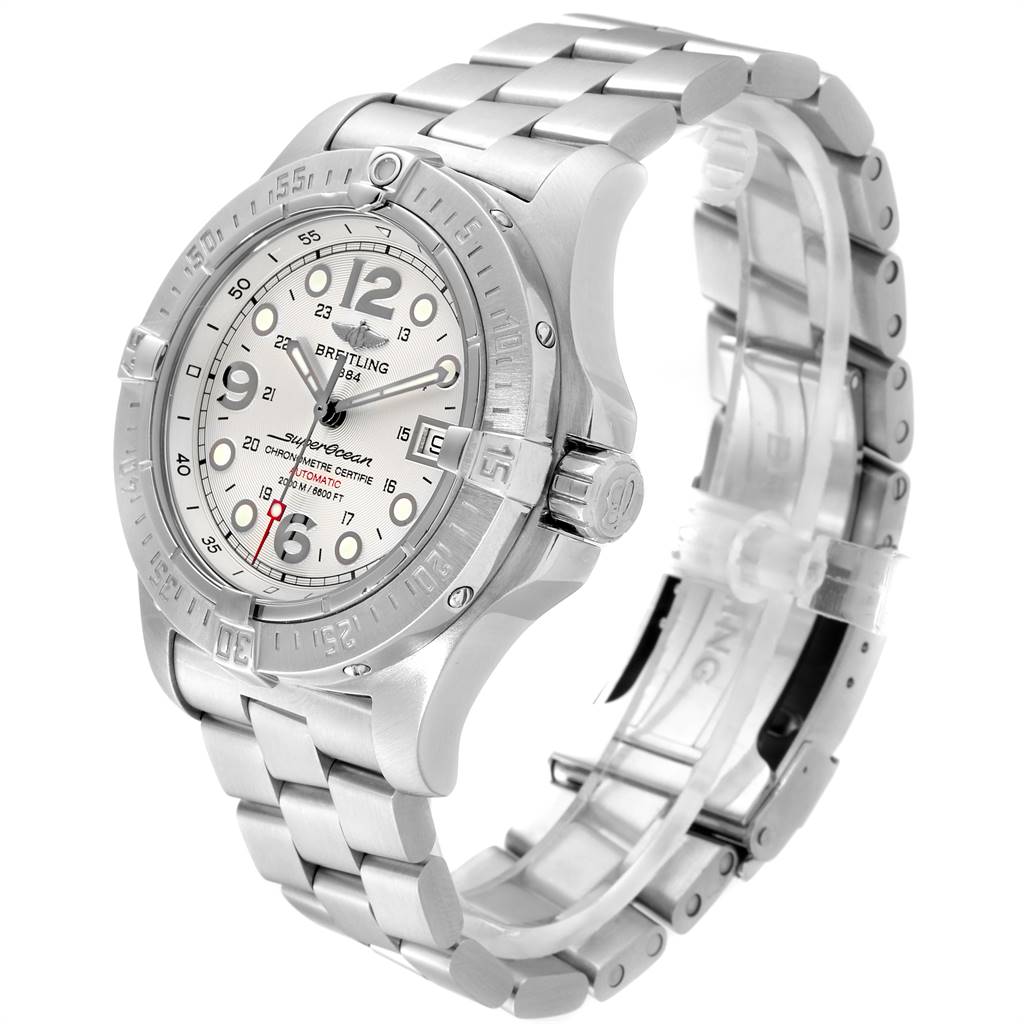 The Breitling Superocean A17390 Men's Stainless Steel Silver Dial A17390 Men's Stainless Steel Silver Dial watch is shown at an angle highlighting the face, bezel, and metal bracelet.