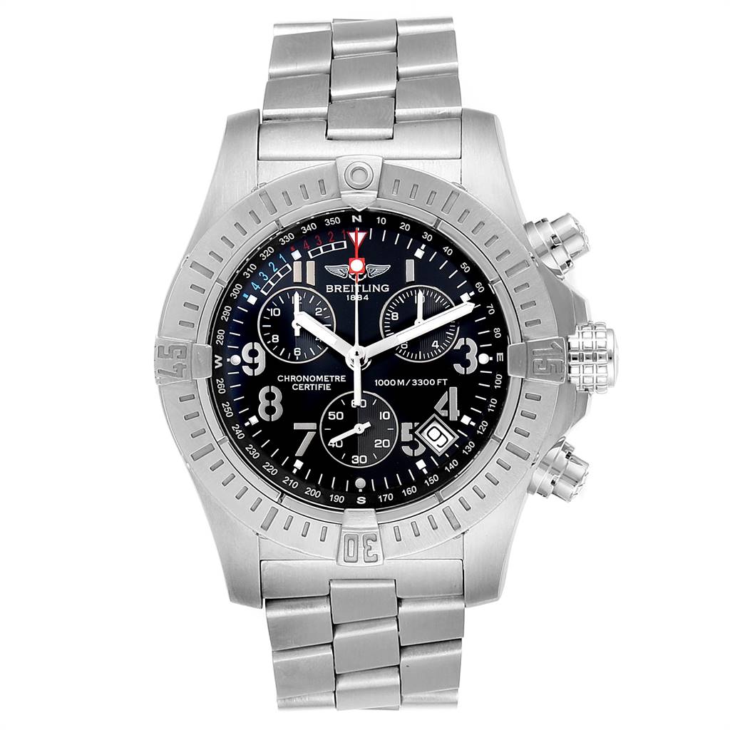 The image shows a front view of the Breitling Avenger A73390 Men's Stainless Steel Black Dial A73390 Men's Stainless Steel Black Dial watch, showcasing its dial, bracelet, bezel, and chronograph pushers.