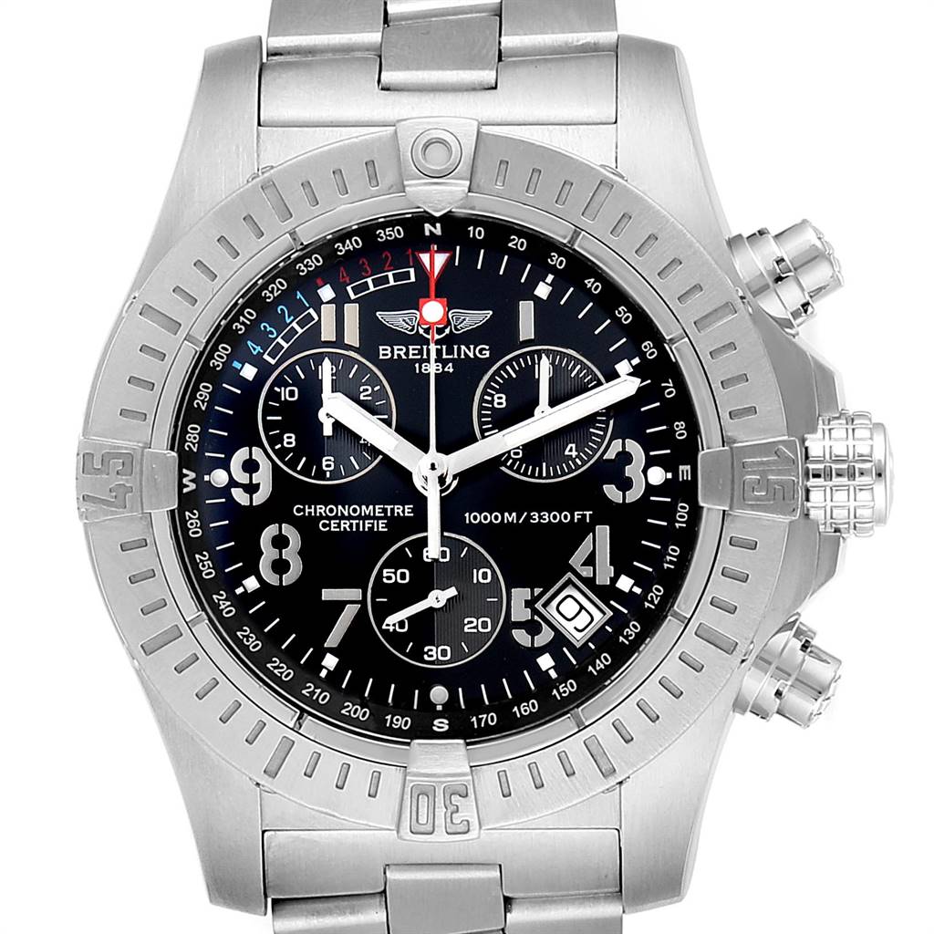 The Breitling Avenger A73390 Men's Stainless Steel Black Dial A73390 Men's Stainless Steel Black Dial watch is shown from a front angle, highlighting its black chronograph dial, stainless steel bezel, and bracelet.