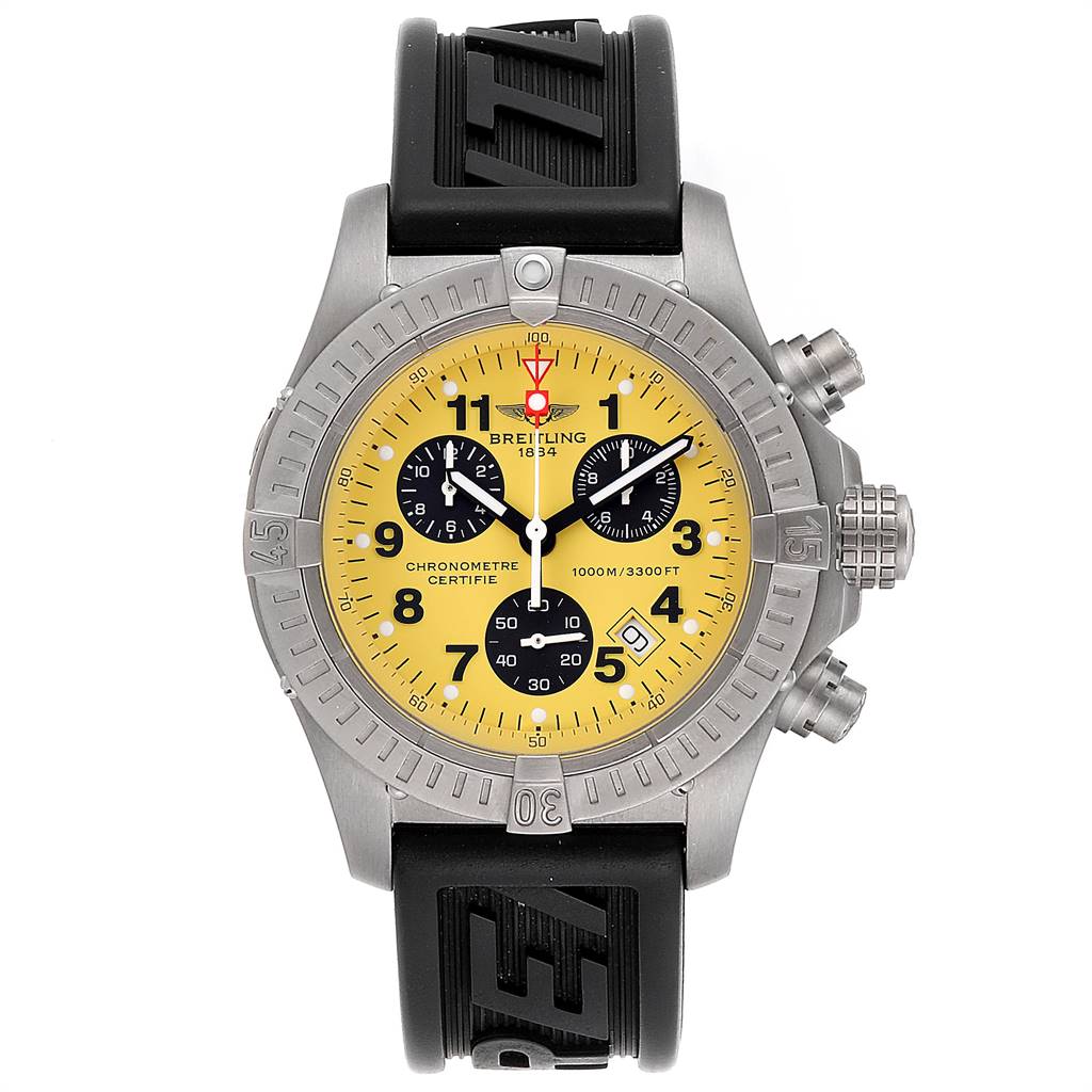 The image shows a Breitling Avenger E73360 Men's Titanium Yellow Dial E73360 Men's Titanium Yellow Dial watch from a front angle, highlighting the dial, bezel, and strap.