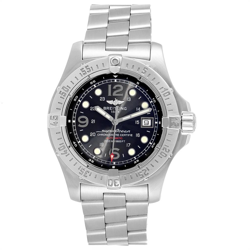 The image shows a front view of the Breitling Superocean A17390 Men's Stainless Steel Black Dial A17390 Men's Stainless Steel Black Dial watch, highlighting the face, bezel, and metal bracelet.