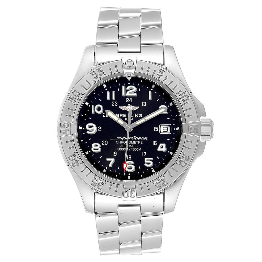This image shows a front view of the Breitling Superocean A17360 Men's Stainless Steel Black Dial A17360 Men's Stainless Steel Black Dial watch, displaying the face, bezel, crown, and stainless steel bracelet.
