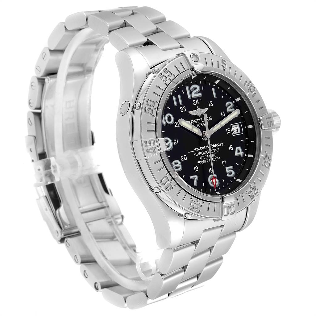 The Breitling Superocean A17360 Men's Stainless Steel Black Dial A17360 Men's Stainless Steel Black Dial watch is shown at an angled side view, highlighting the bracelet, bezel, and dial.