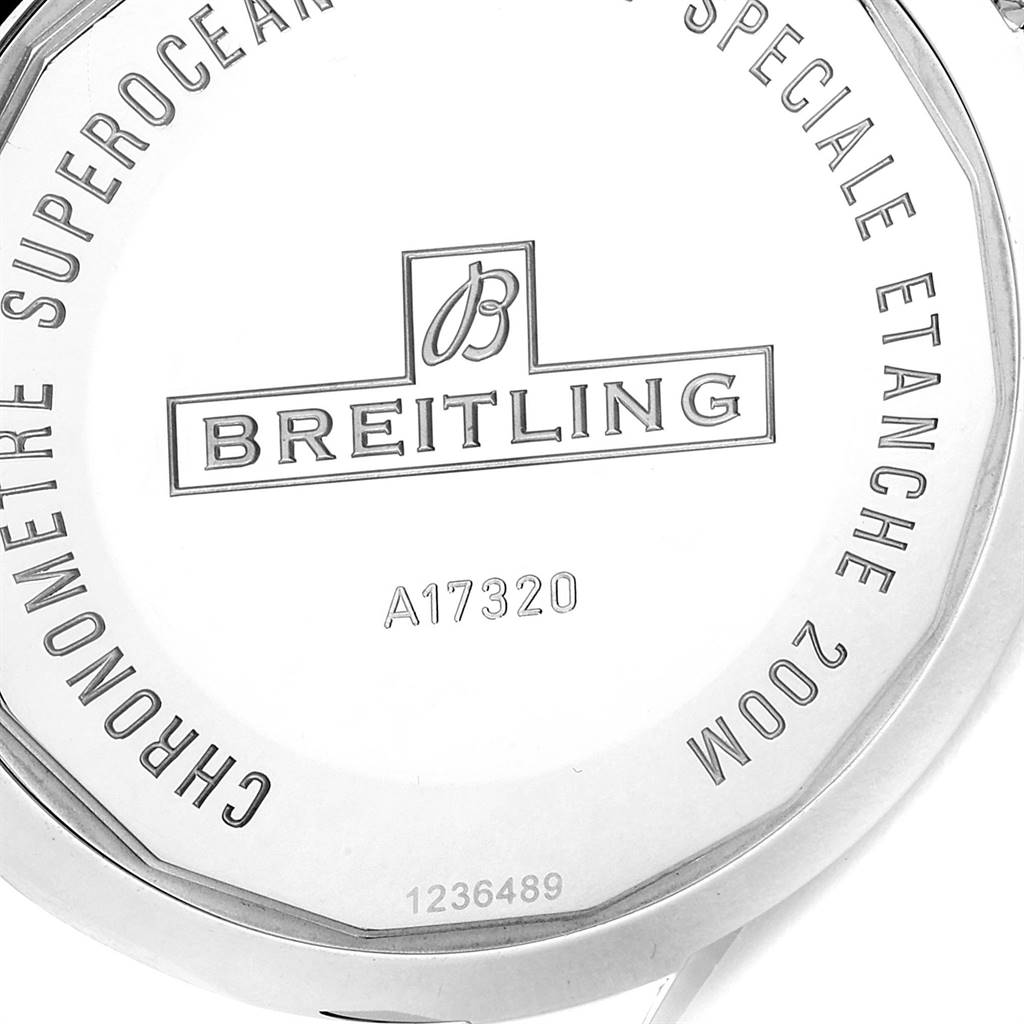 Close-up of the case back of the Breitling Superocean A17320 Men
s Stainless Steel Black Dial A17320 Men
s Stainless Steel Black Dial model, showing engraved branding and specifications.