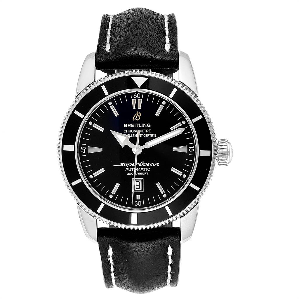 The Breitling Superocean A17320 Men
s Stainless Steel Black Dial A17320 Men
s Stainless Steel Black Dial watch is shown from a front angle, featuring its black dial, bezel, and leather strap.