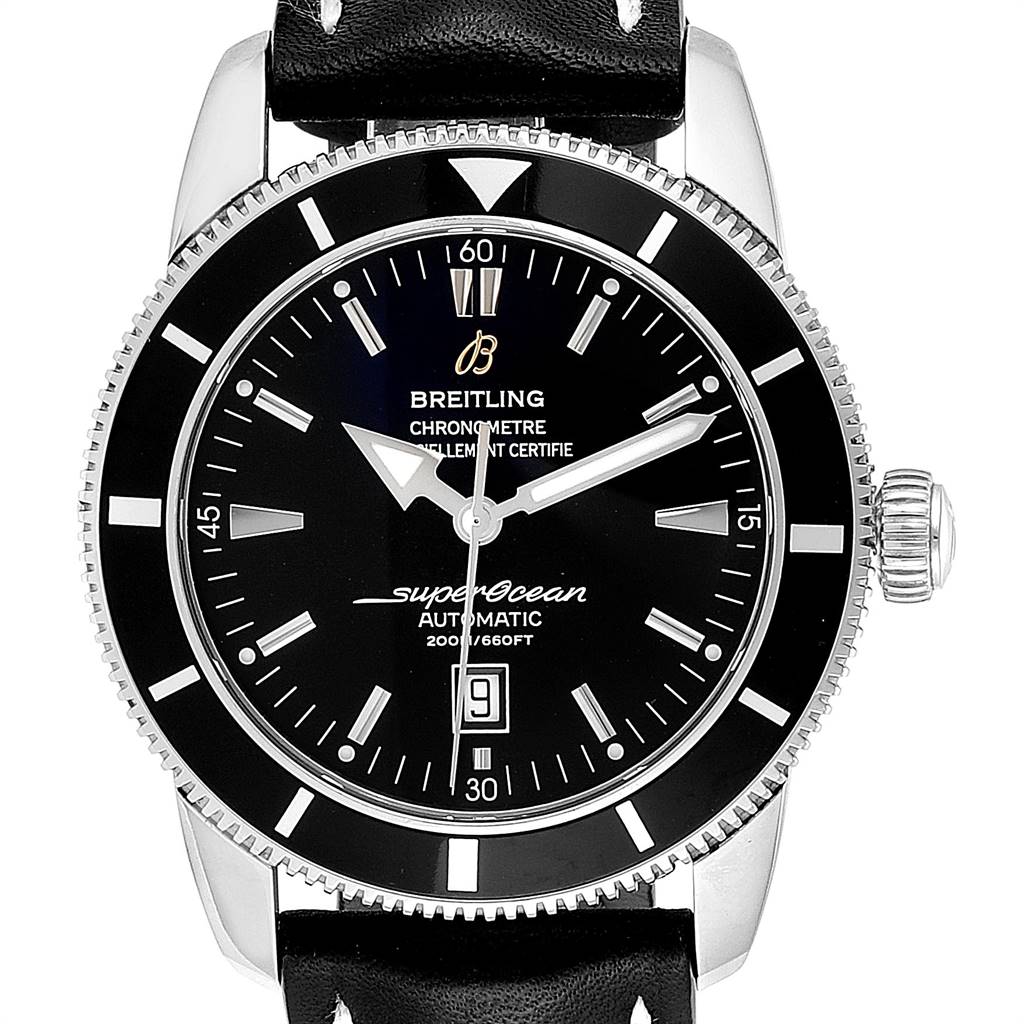 The image shows a front view of the Breitling Superocean A17320 Men
s Stainless Steel Black Dial A17320 Men
s Stainless Steel Black Dial watch, highlighting its black dial, bezel, and leather strap.