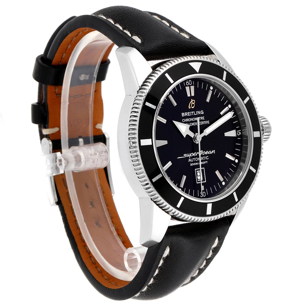 The Breitling Superocean A17320 Men
s Stainless Steel Black Dial A17320 Men
s Stainless Steel Black Dial watch is shown at a three-quarter angle, highlighting the face, bezel, crown, and leather strap.