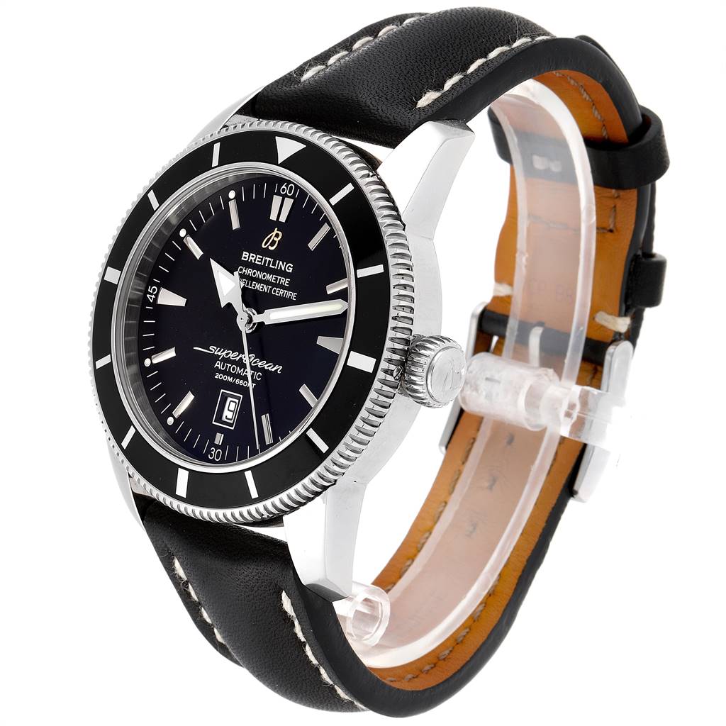 The Breitling Superocean A17320 Men
s Stainless Steel Black Dial A17320 Men
s Stainless Steel Black Dial watch is shown from a front angle, highlighting its black dial, bezel, and leather strap.