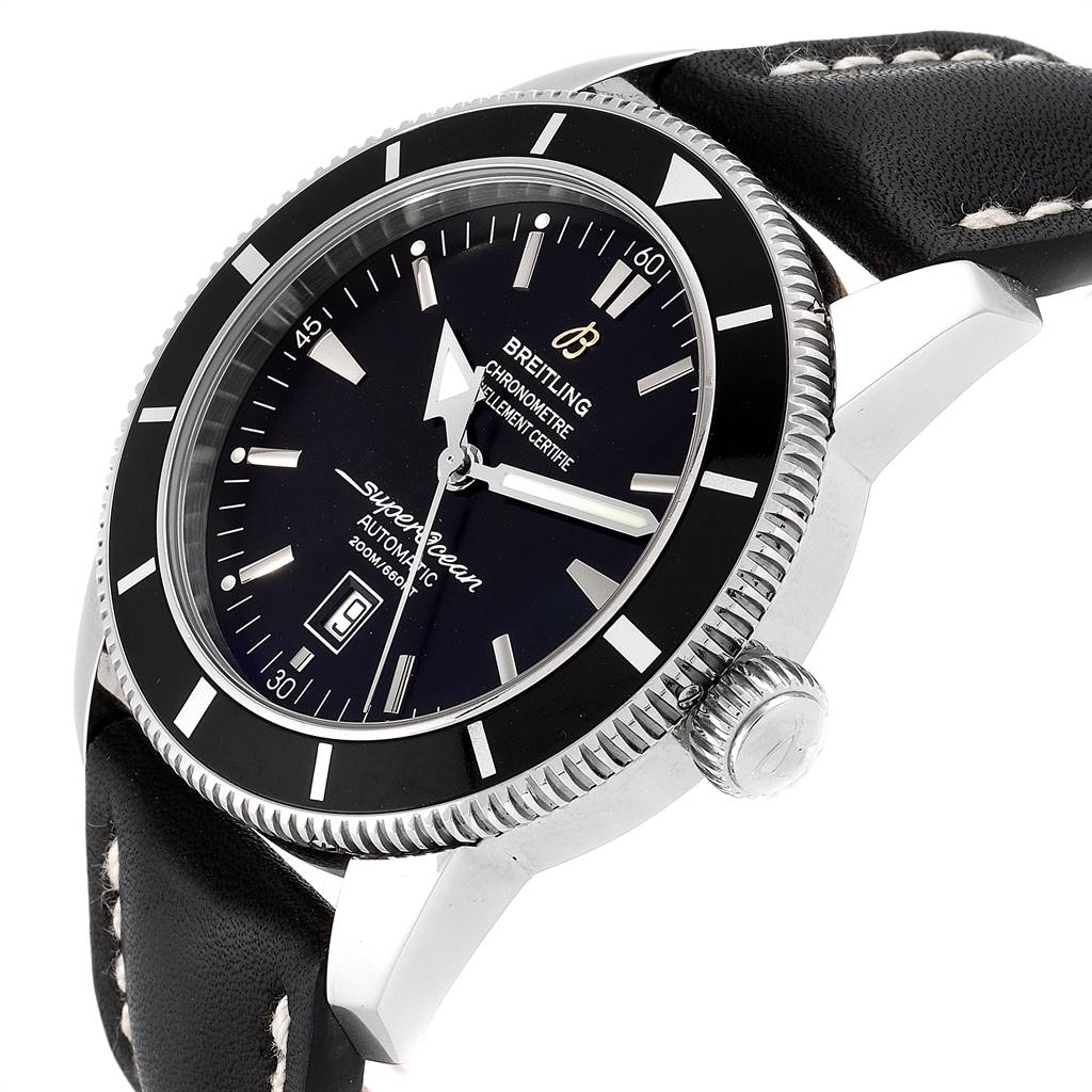 The image showcases a Breitling Superocean A17320 Men
s Stainless Steel Black Dial A17320 Men
s Stainless Steel Black Dial watch angled to display the dial, bezel, crown, and part of the leather strap.