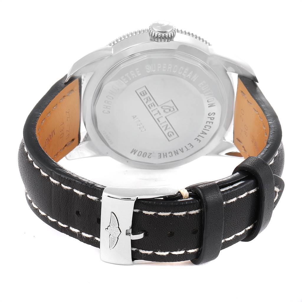 The image shows the back casing and leather strap of the Breitling Superocean A17320 Men
s Stainless Steel Black Dial A17320 Men
s Stainless Steel Black Dial watch from a rear angle.