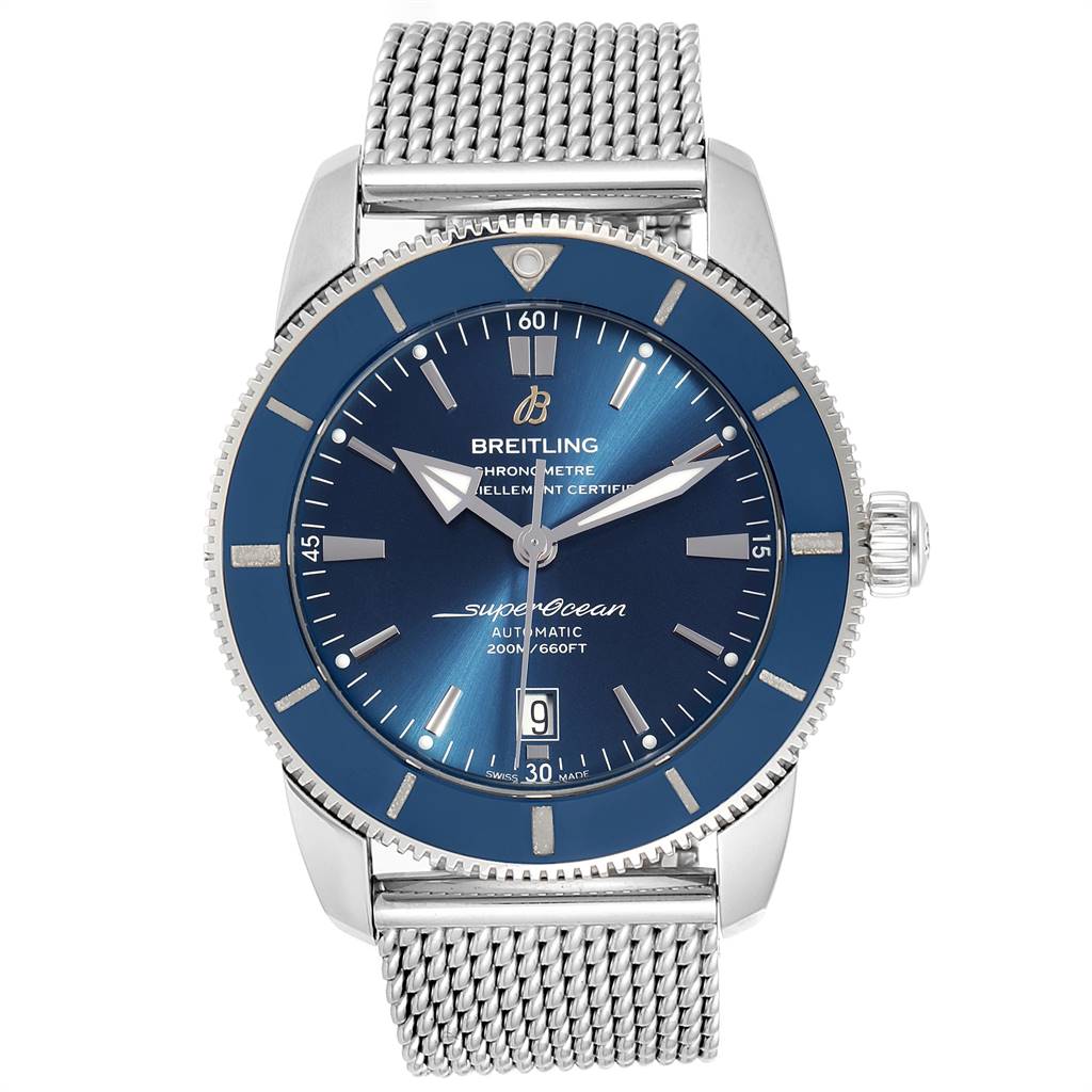 The image shows a front view of the Breitling Superocean AB202016-C961-152A Men's Stainless Steel Blue Dial AB202016-C961-152A Men's Stainless Steel Blue Dial watch, highlighting its blue dial, bezel, and mesh bracelet.