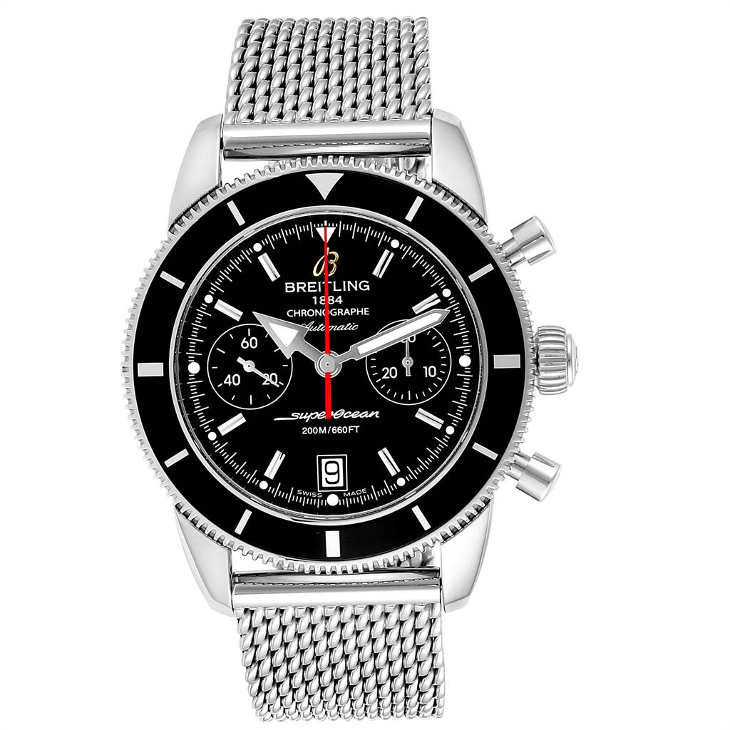 The image shows a frontal view of the Breitling Superocean A23370 Men's Stainless Steel Black Dial A23370 Men's Stainless Steel Black Dial watch, showcasing its dial, case, bezel, and mesh strap.