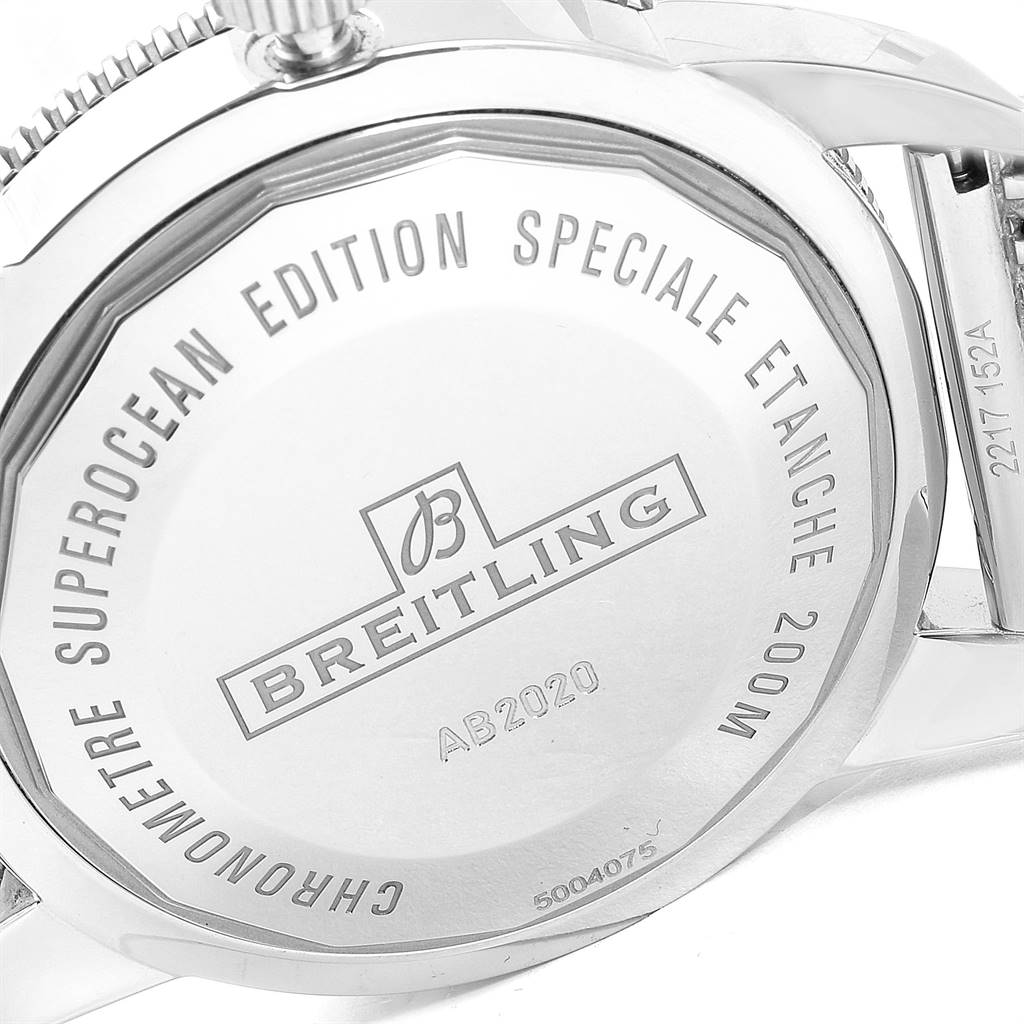 This image shows the rear case of the Breitling Superocean AB2020 Men's Stainless Steel Silver Dial AB2020 Men's Stainless Steel Silver Dial watch, highlighting its engravings and stainless steel back.