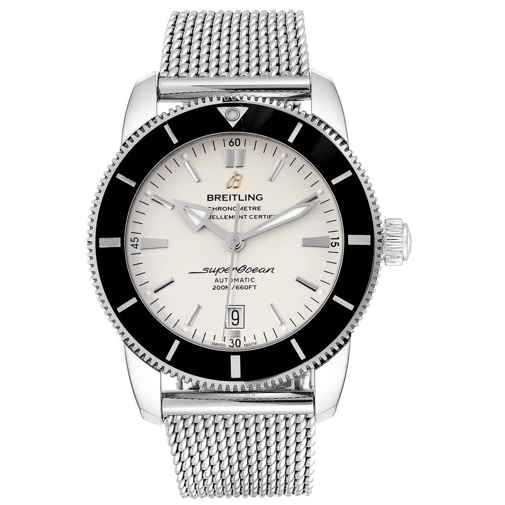 The Breitling Superocean AB2020 Men's Stainless Steel Silver Dial AB2020 Men's Stainless Steel Silver Dial watch is shown from a front view, displaying its face, bezel, crown, and mesh band.