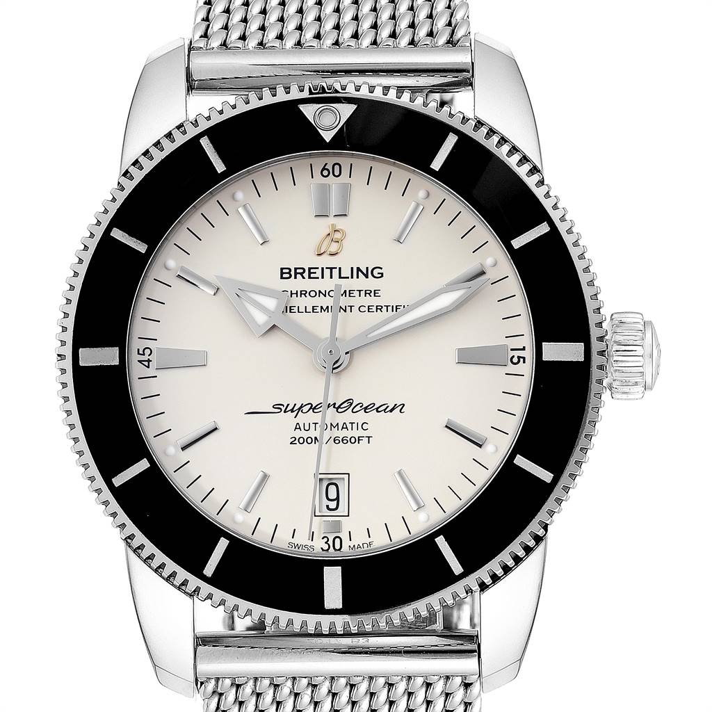 This image shows a front view of the Breitling Superocean AB2020 Men's Stainless Steel Silver Dial AB2020 Men's Stainless Steel Silver Dial watch, highlighting its dial, bezel, and mesh metal bracelet.