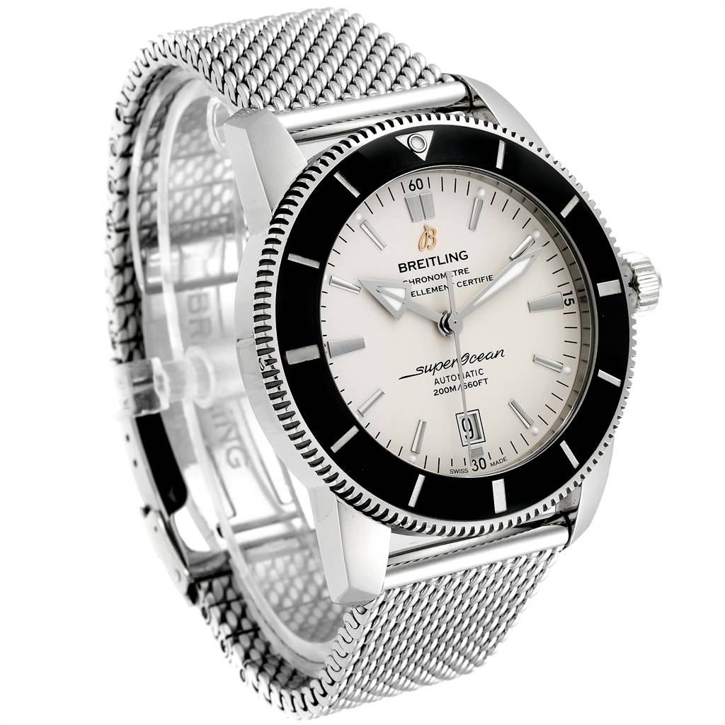 The image shows a Breitling Superocean AB2020 Men's Stainless Steel Silver Dial AB2020 Men's Stainless Steel Silver Dial watch at a three-quarter angle, displaying its dial, bezel, crown, and mesh bracelet.
