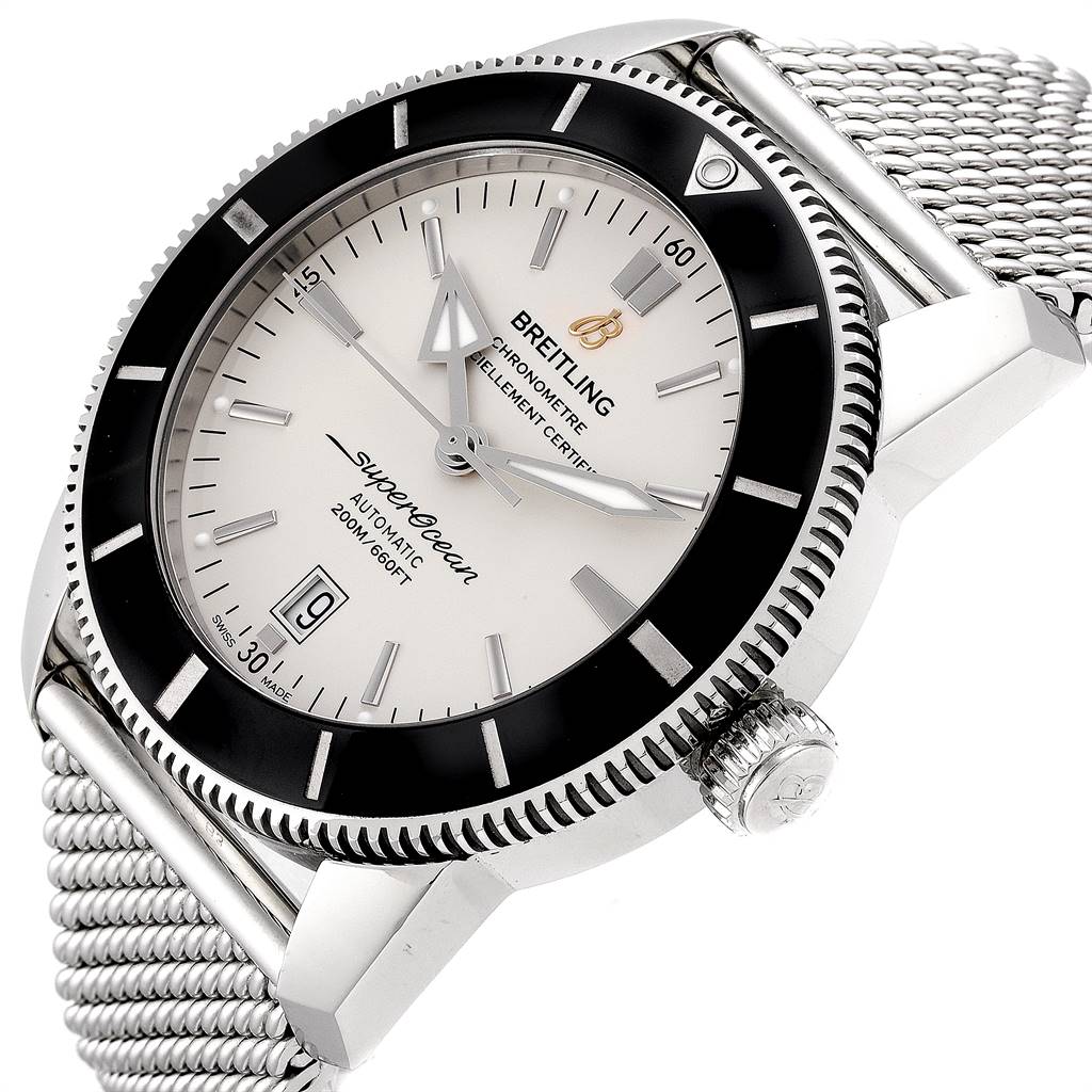The image shows a close-up angled view of the Breitling Superocean AB2020 Men's Stainless Steel Silver Dial AB2020 Men's Stainless Steel Silver Dial watch, highlighting the dial, bezel, and part of the metal bracelet.