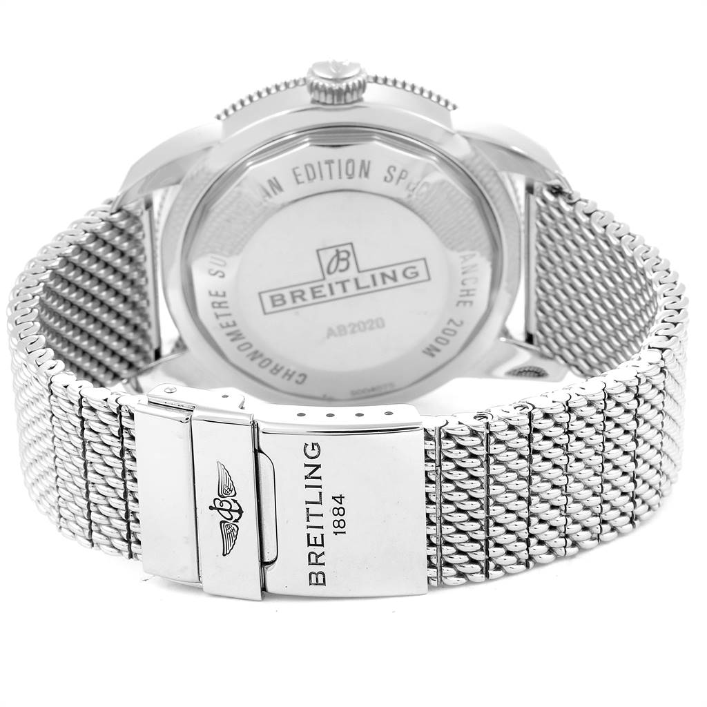 The image shows the back of the Breitling Superocean AB2020 Men's Stainless Steel Silver Dial AB2020 Men's Stainless Steel Silver Dial watch, highlighting the case back and metal mesh bracelet with the clasp.