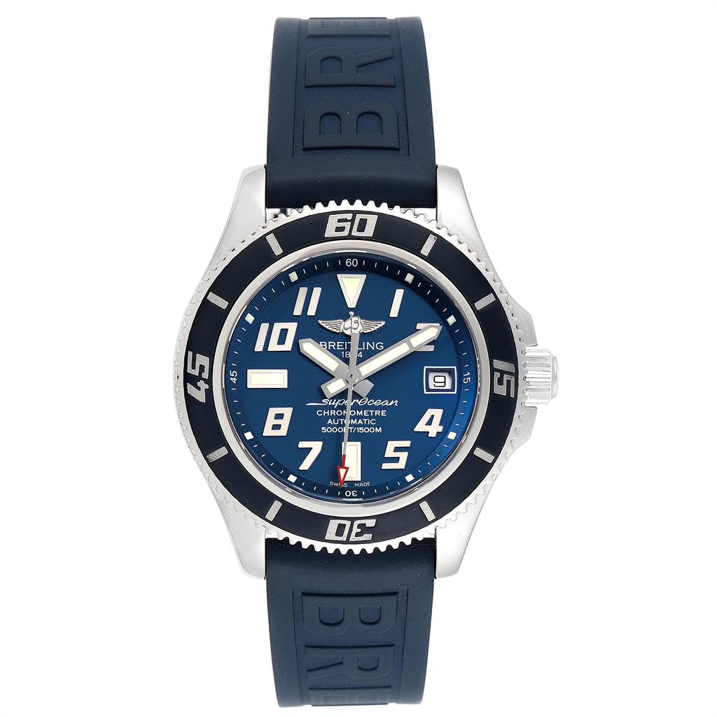 The image shows the Breitling Superocean A17364 Men's Stainless Steel Blue Dial A17364 Men's Stainless Steel Blue Dial watch from the front, highlighting its blue dial, rotating bezel, and rubber strap.