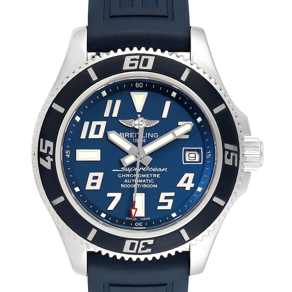 This image shows a front view of a Breitling Superocean A17364 Men's Stainless Steel Blue Dial A17364 Men's Stainless Steel Blue Dial watch, highlighting the blue dial, bezel, and rubber strap.