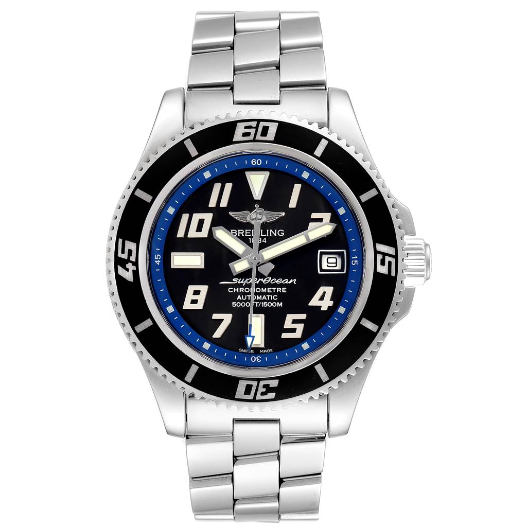 The image shows a front view of a Breitling Superocean A17364 Men's Stainless Steel Black Dial A17364 Men's Stainless Steel Black Dial watch featuring its face, bezel, and stainless steel bracelet.