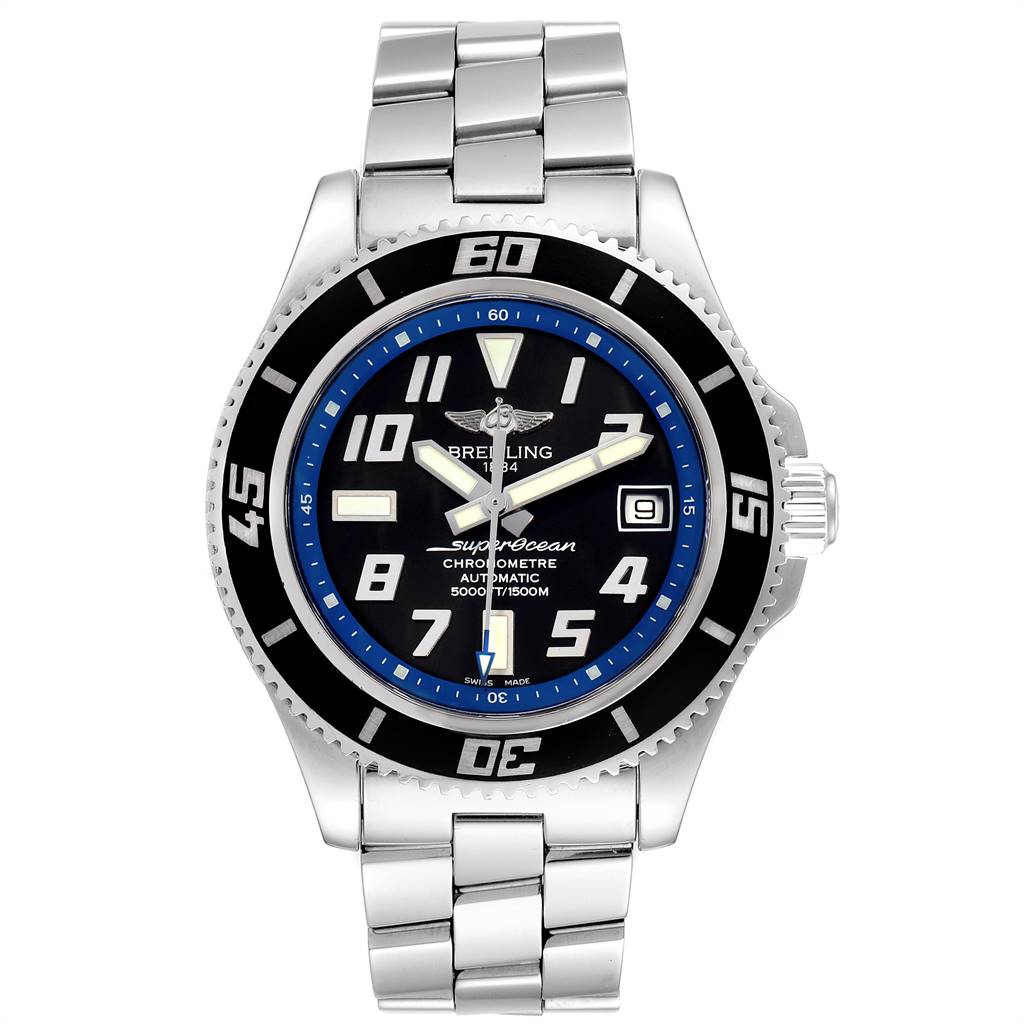 This Breitling Superocean A17364 Men's Stainless Steel Black Dial A17364 Men's Stainless Steel Black Dial watch is shown from a front angle displaying its face, bezel, and metal bracelet.