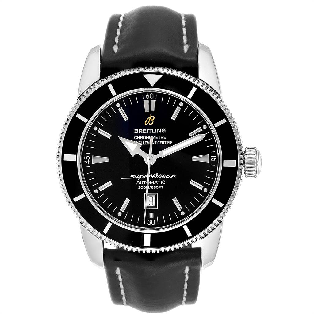 The image shows a front view of the Breitling Superocean A17320 Men's Stainless Steel Black Dial A17320 Men's Stainless Steel Black Dial watch, displaying the face, bezel, and strap.