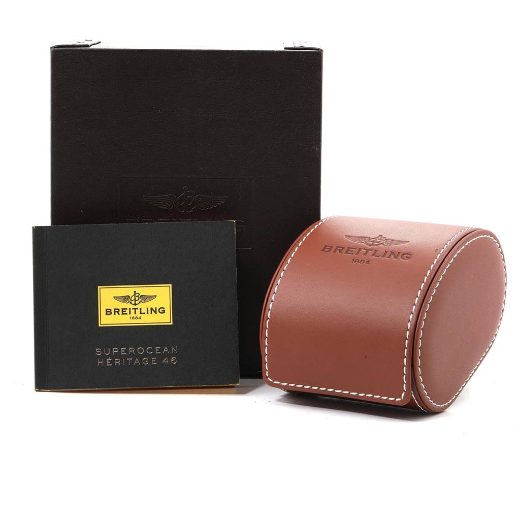 The image shows the packaging, instruction manual, and leather case for the Breitling Superocean A17320 Men's Stainless Steel Black Dial A17320 Men's Stainless Steel Black Dial watch model.