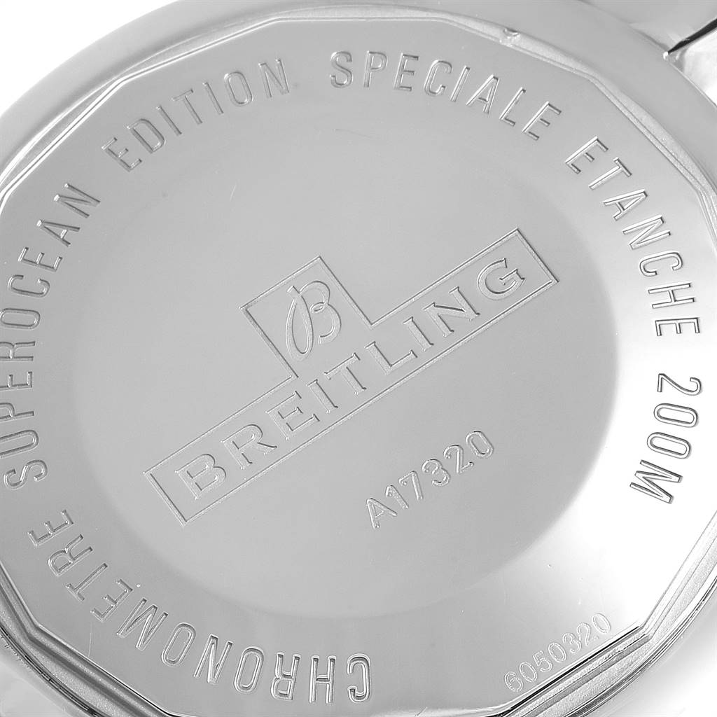 The image shows the back case of the Breitling Superocean A17320 Men's Stainless Steel Black Dial A17320 Men's Stainless Steel Black Dial watch, displaying branding and model details.