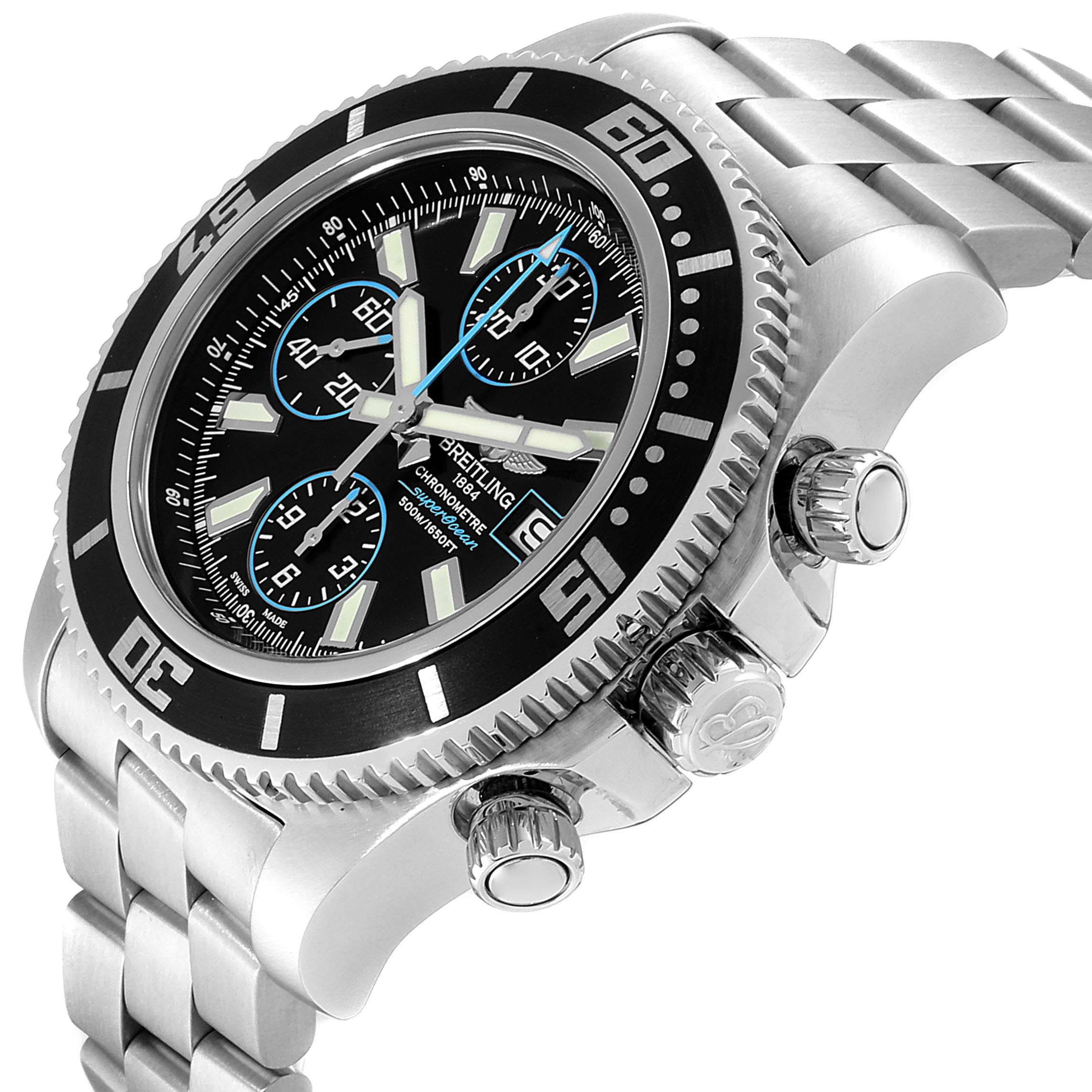 The image shows a close-up angle of a Breitling Superocean A13341 Men's Stainless Steel Black Dial A13341 Men's Stainless Steel Black Dial watch, highlighting the bezel, face, and side buttons.