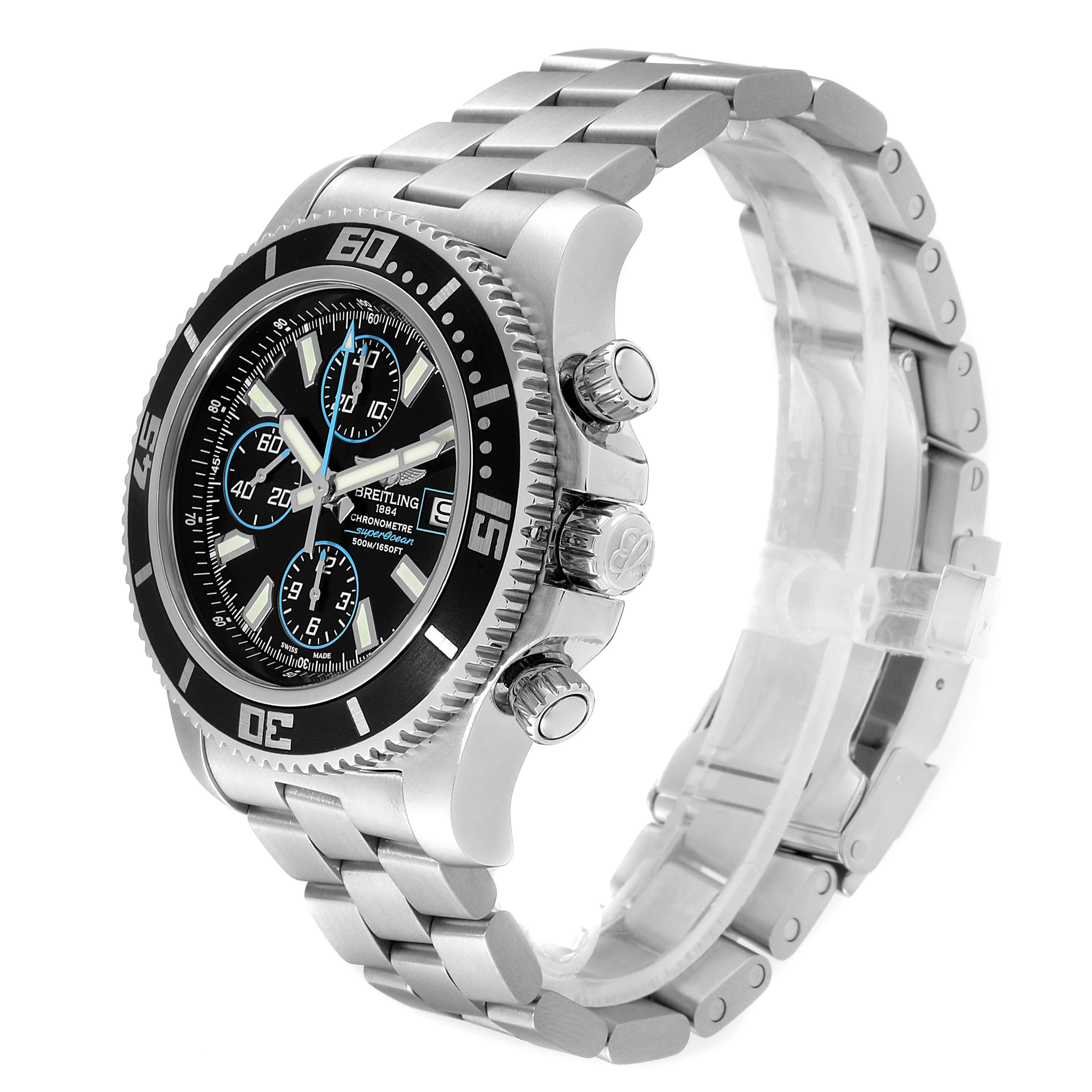 The Breitling Superocean A13341 Men's Stainless Steel Black Dial A13341 Men's Stainless Steel Black Dial watch is shown at a three-quarter angle, showcasing the dial, bezel, pushers, and bracelet.