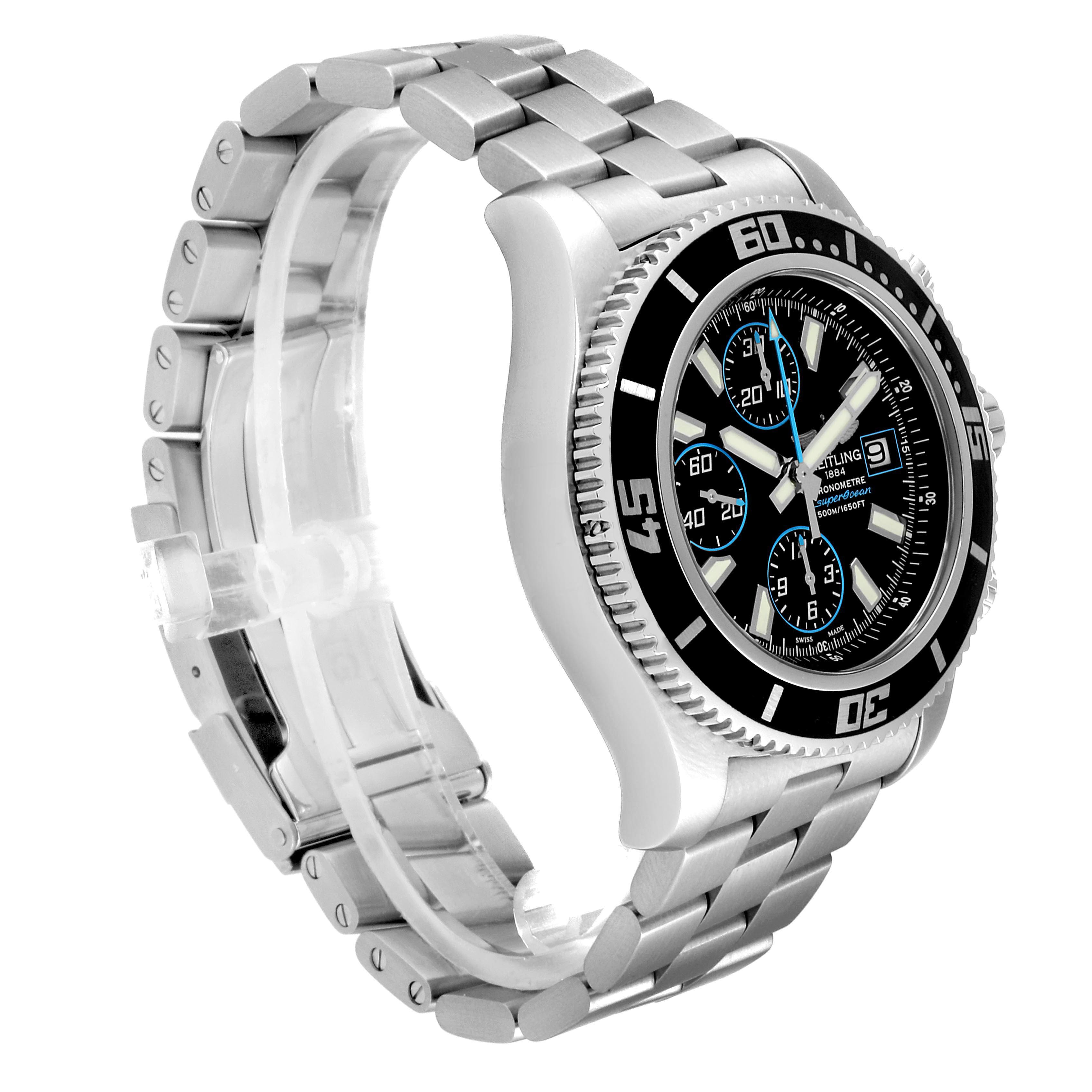 The Breitling Superocean A13341 Men's Stainless Steel Black Dial A13341 Men's Stainless Steel Black Dial watch is shown at an angled side view, highlighting its dial, bezel, and metal bracelet.