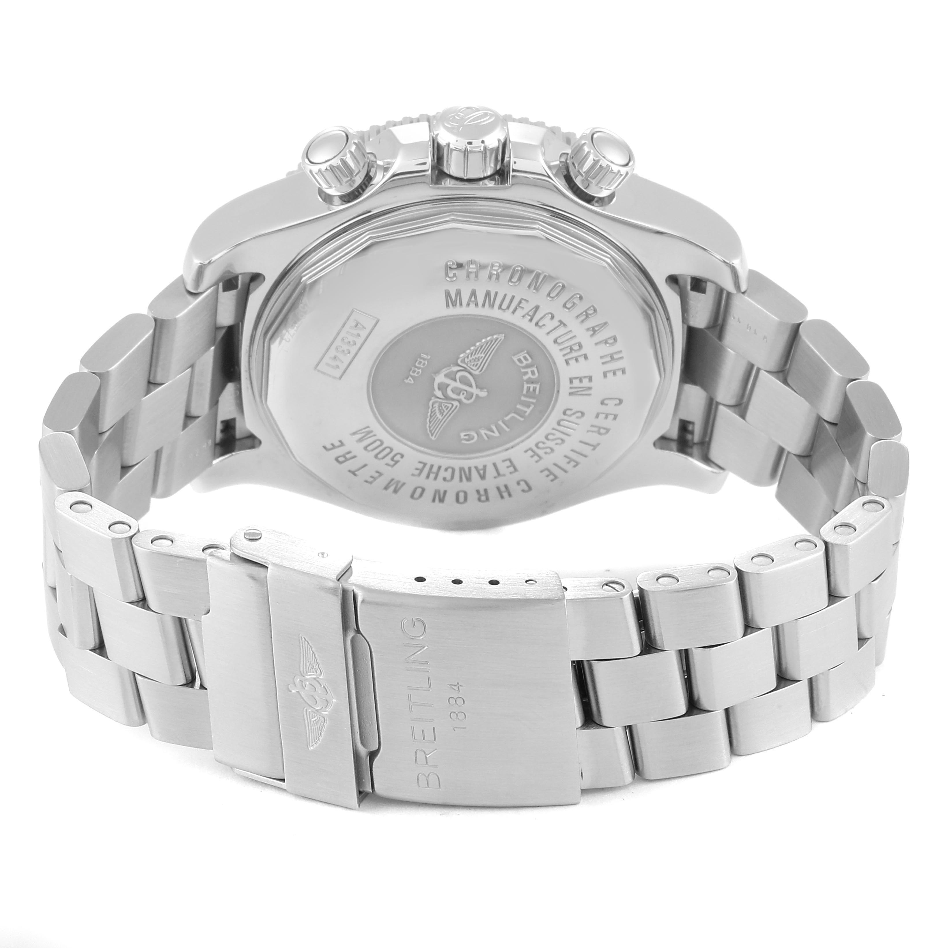 This image shows the back of the Breitling Superocean A13341 Men's Stainless Steel Black Dial A13341 Men's Stainless Steel Black Dial watch, highlighting its case back, bracelet, and clasp.