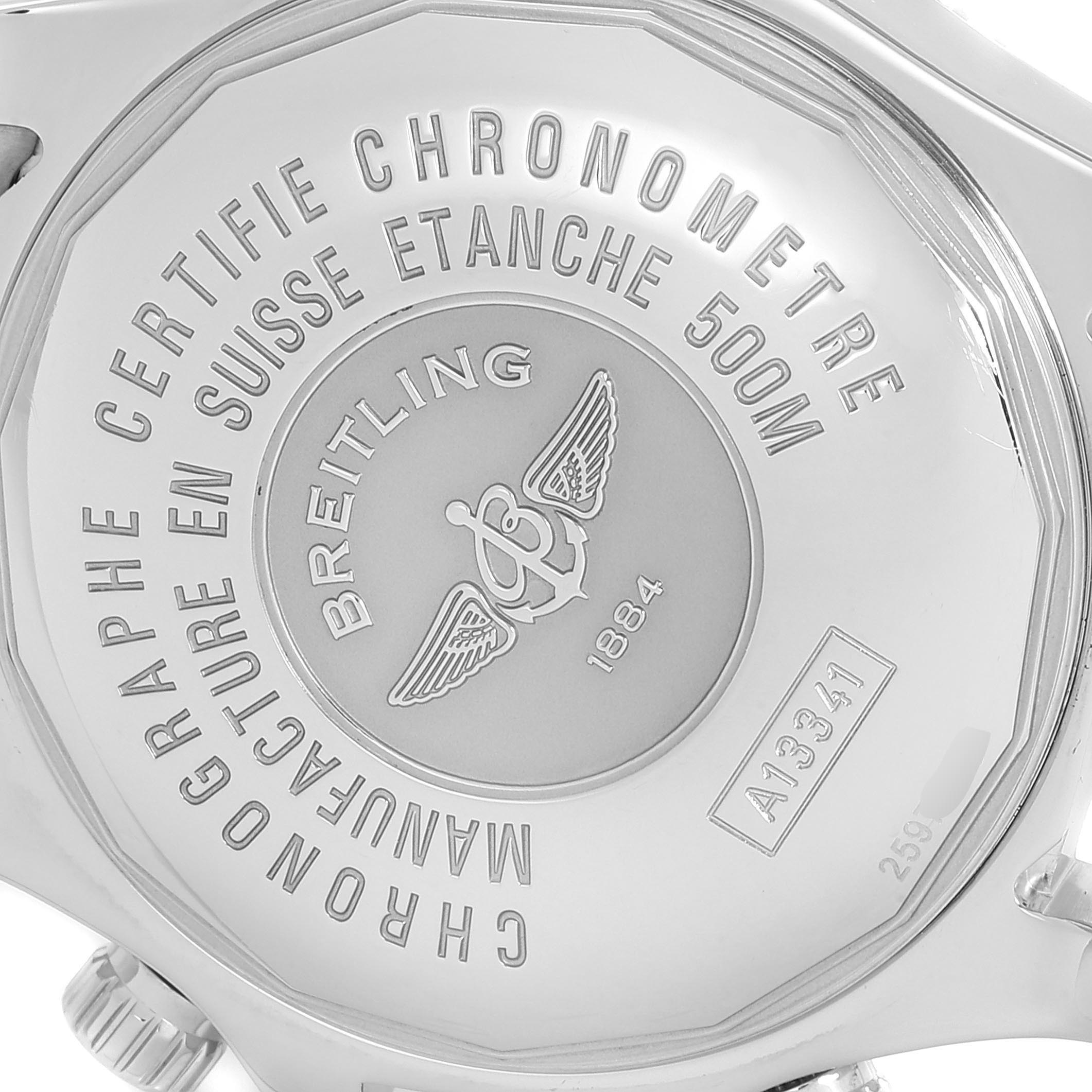 The image shows the case back of a Breitling Superocean A13341 Men's Stainless Steel Black Dial A13341 Men's Stainless Steel Black Dial watch, highlighting its engraving details.