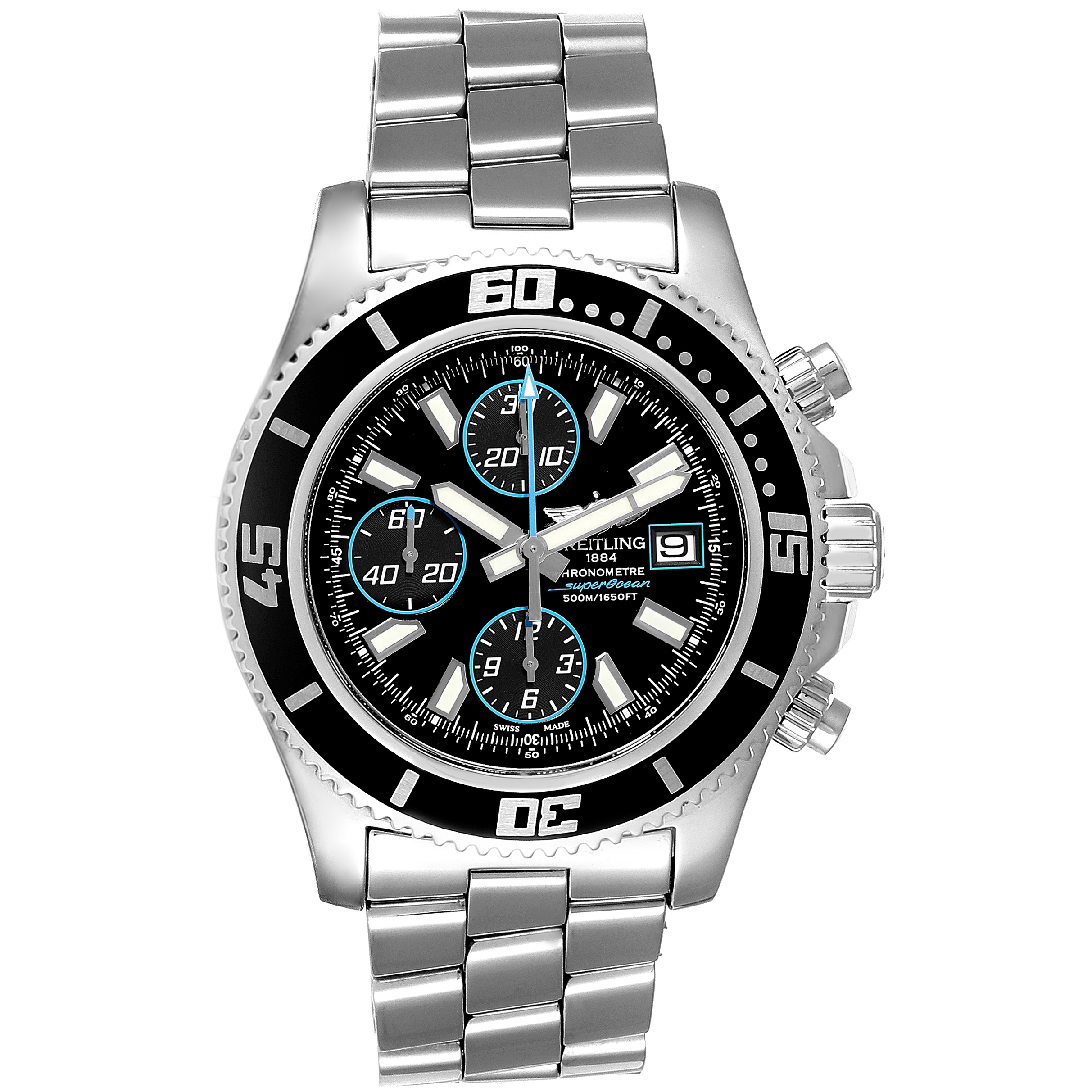 The image shows a front view of the Breitling Superocean A13341 Men's Stainless Steel Black Dial A13341 Men's Stainless Steel Black Dial watch, highlighting its face and metallic bracelet.